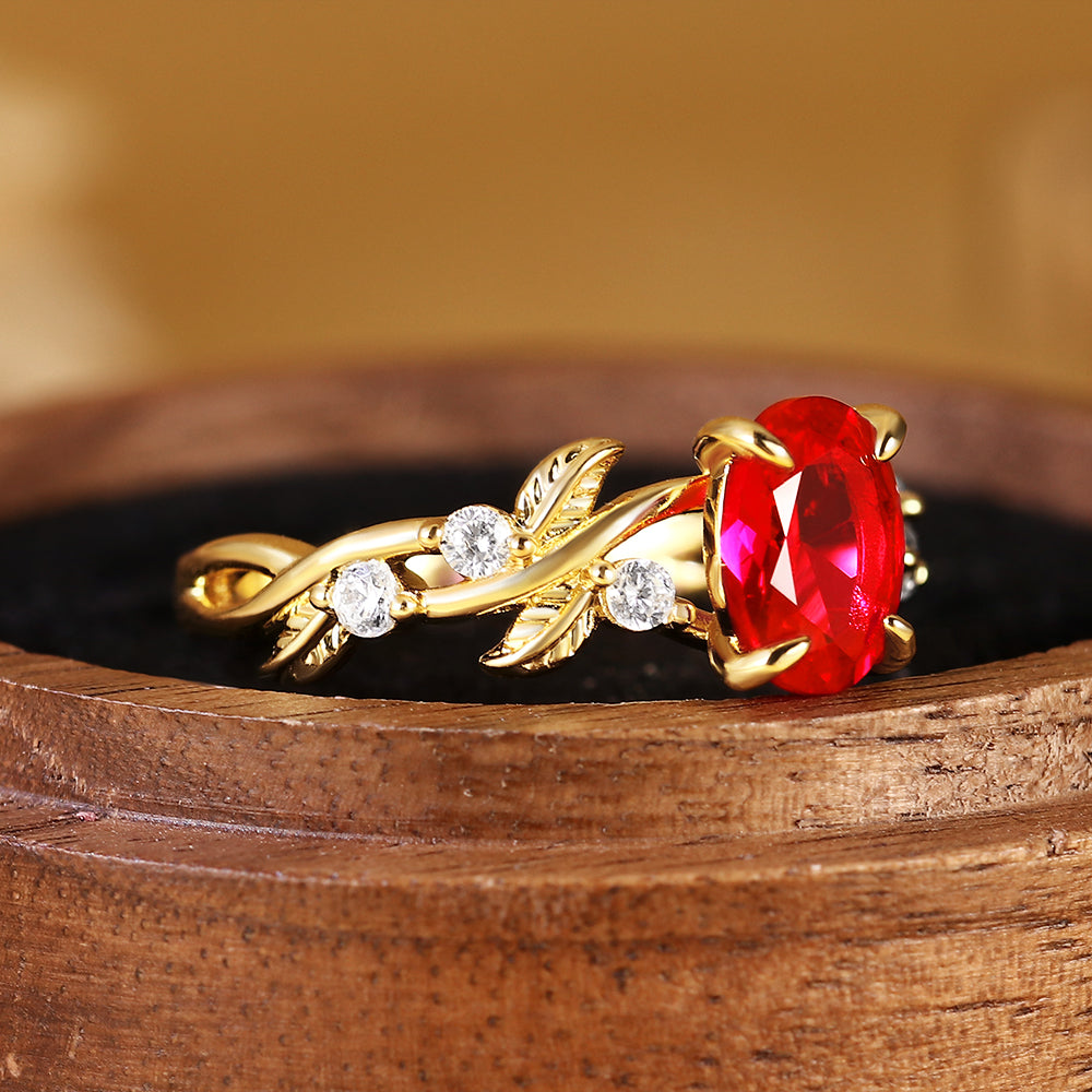 Nature Inspired Oval Cut Ruby Vine and Leaf Engagement Ring