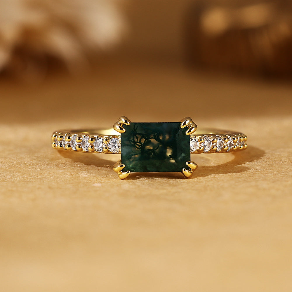 Vintage Inspired Emerald Cut Moss Agate Engagement Ring