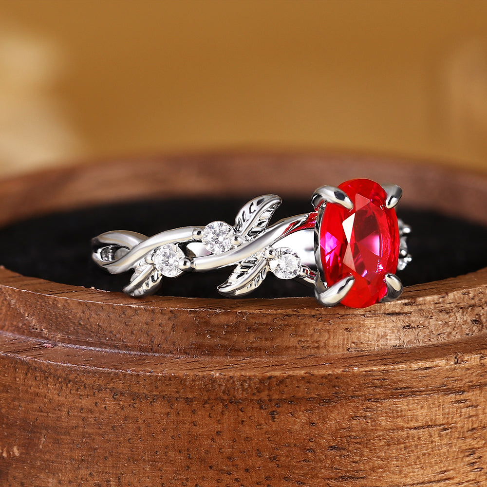 Nature Inspired Oval Cut Ruby Vine and Leaf Engagement Ring