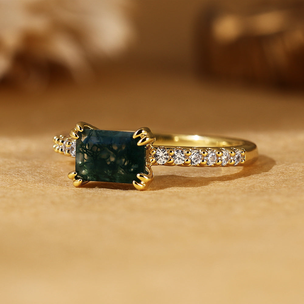 Vintage Inspired Emerald Cut Moss Agate Engagement Ring
