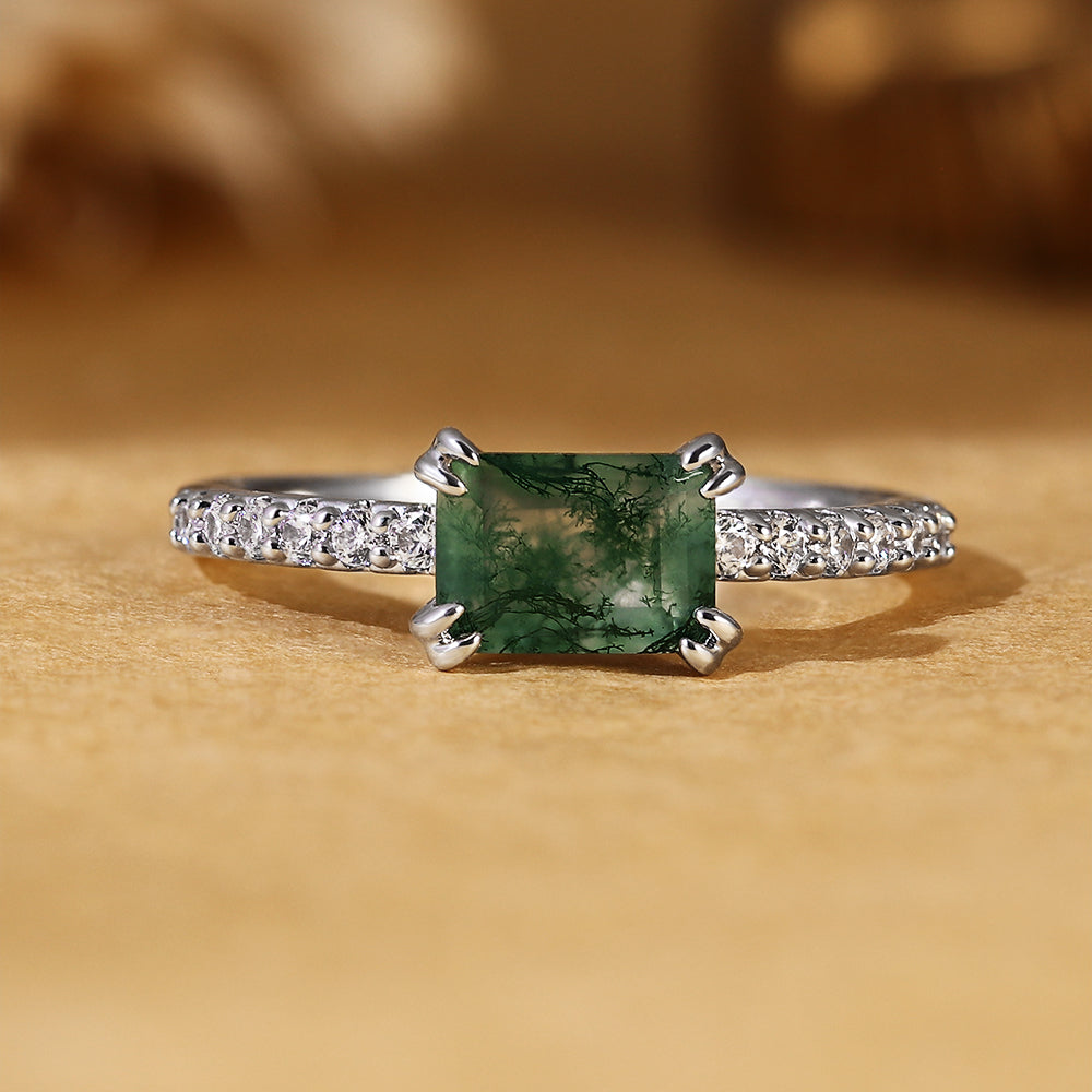 Vintage Inspired Emerald Cut Moss Agate Engagement Ring