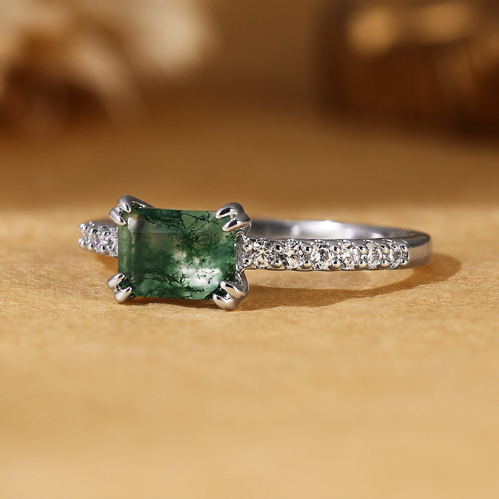 Vintage Inspired Emerald Cut Moss Agate Engagement Ring