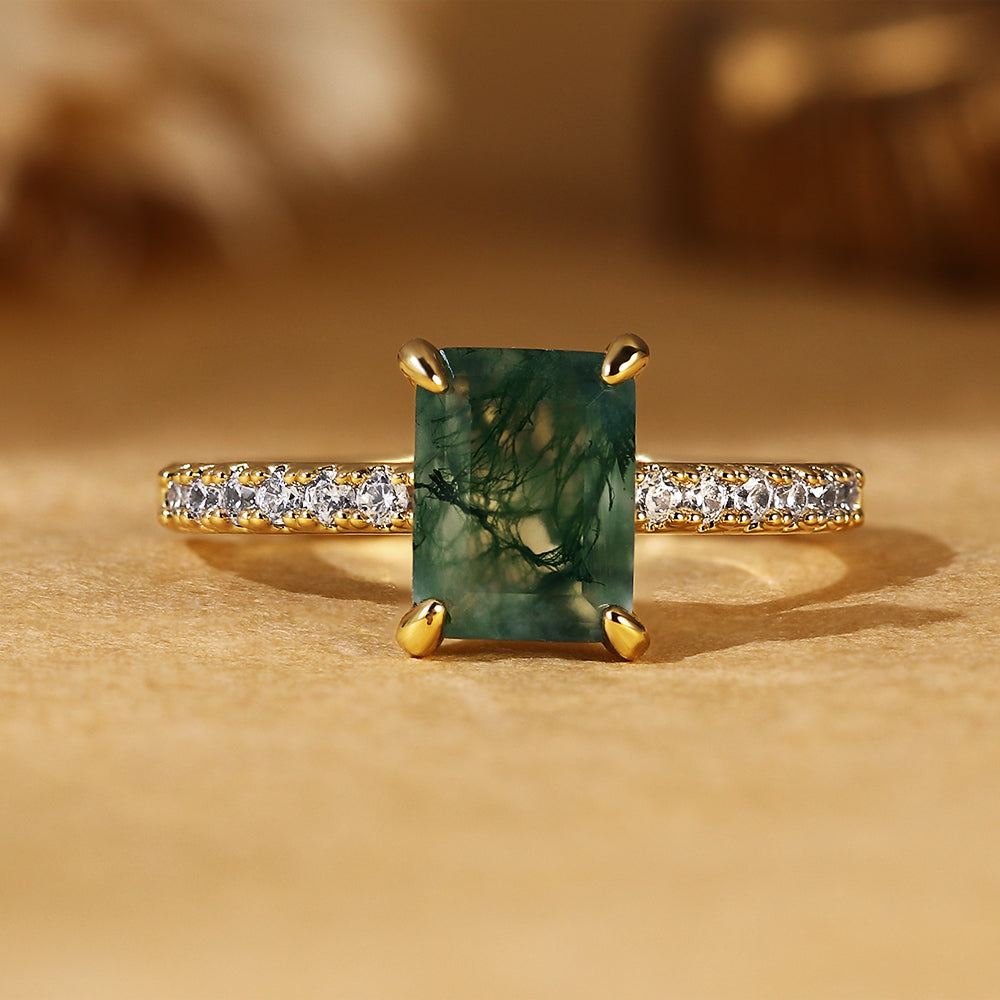 Nature Inspired Emerald Cut Moss Agate Vintage Pave Engagement Ring