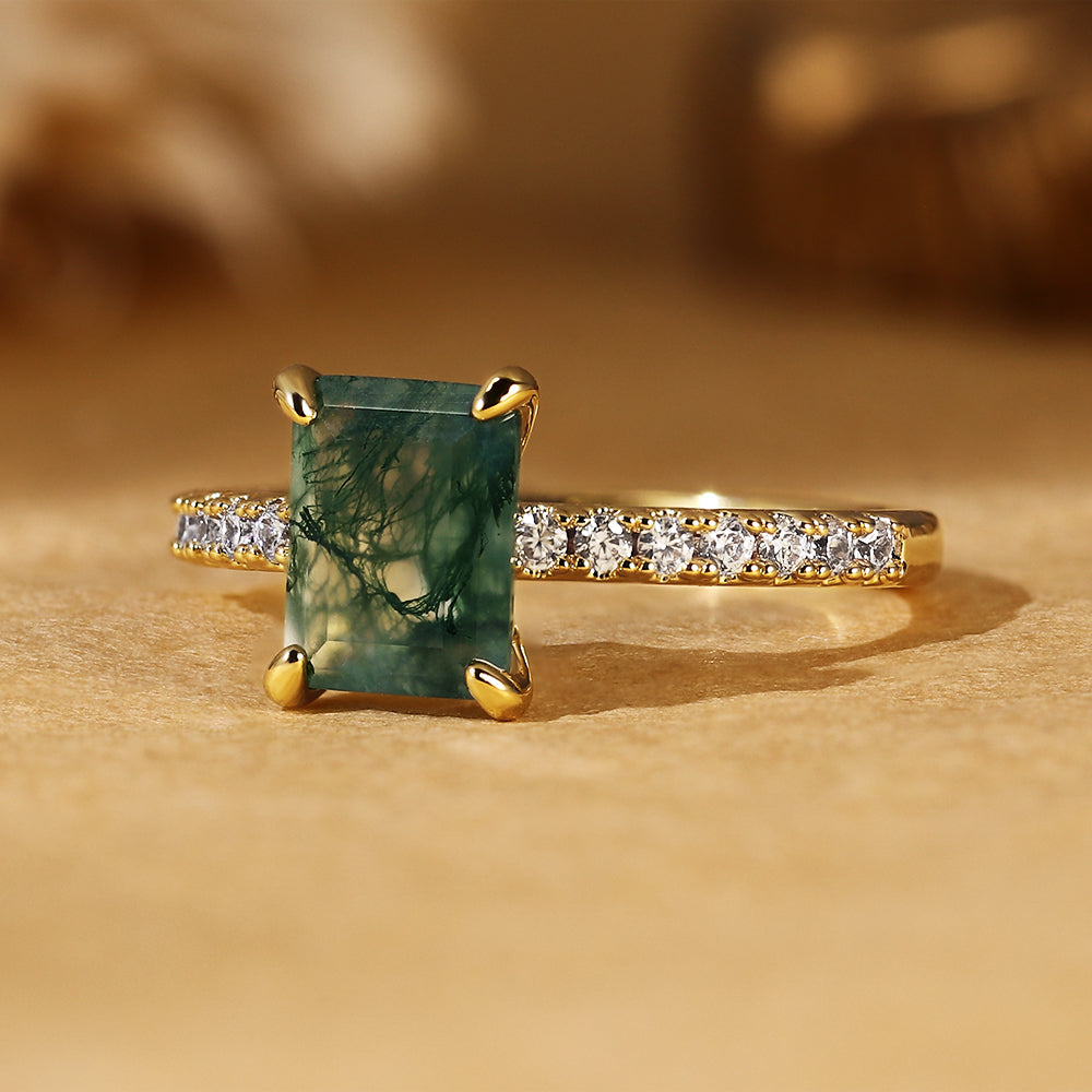 Nature Inspired Emerald Cut Moss Agate Vintage Pave Engagement Ring