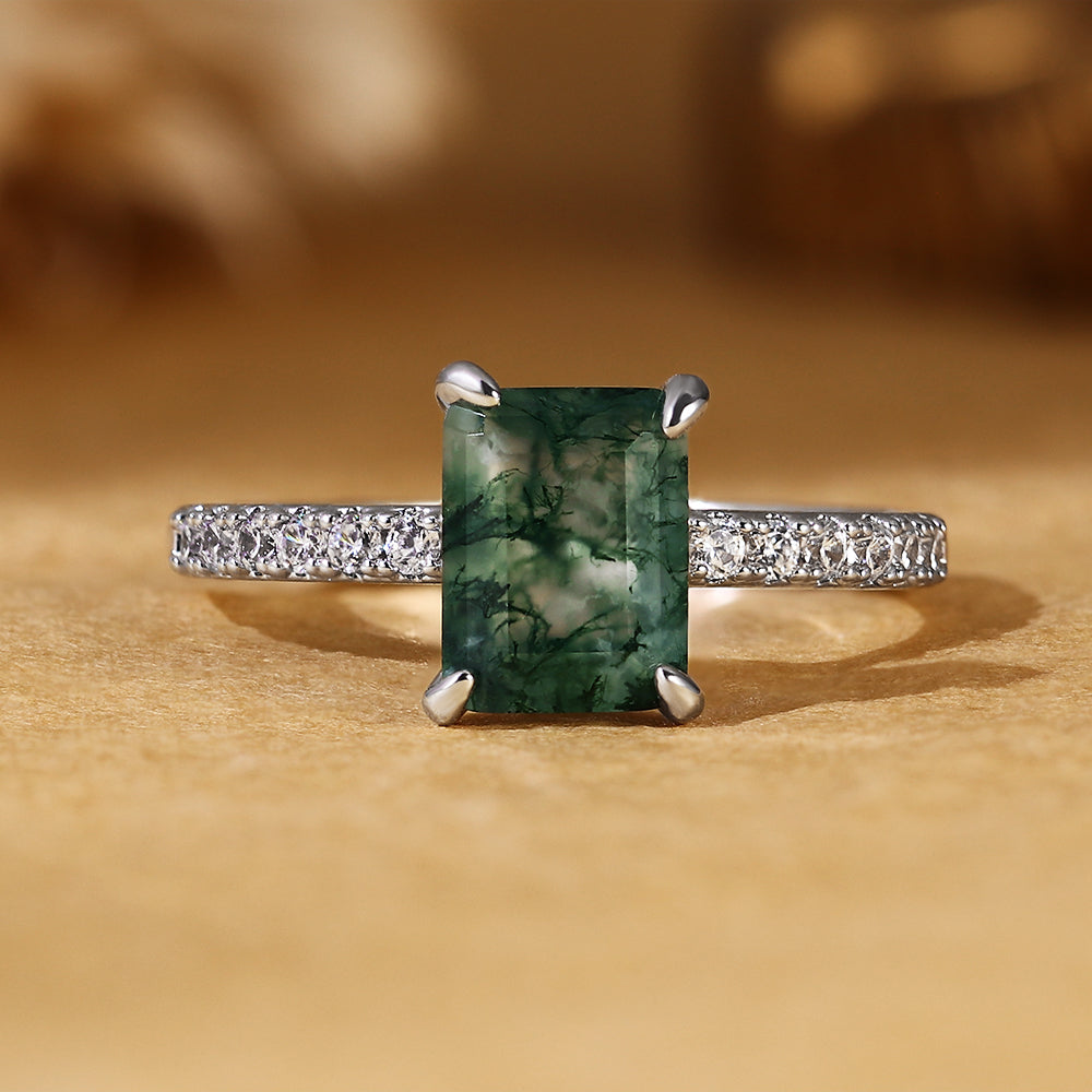 Nature Inspired Emerald Cut Moss Agate Vintage Pave Engagement Ring