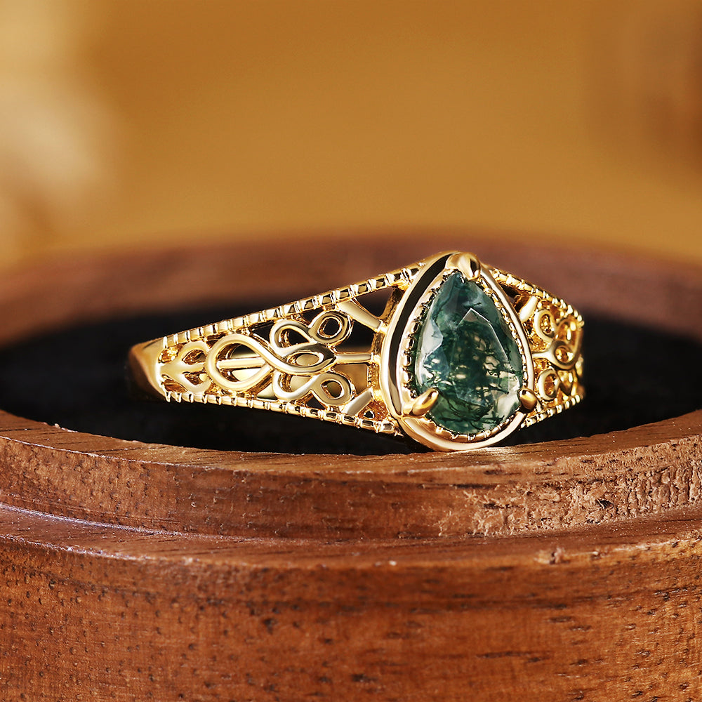 Vintage Pear Cut Moss Agate Filigree Hollow Scrollwork Engagement Ring