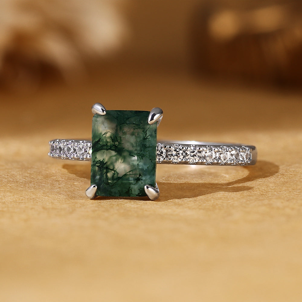 Nature Inspired Emerald Cut Moss Agate Vintage Pave Engagement Ring