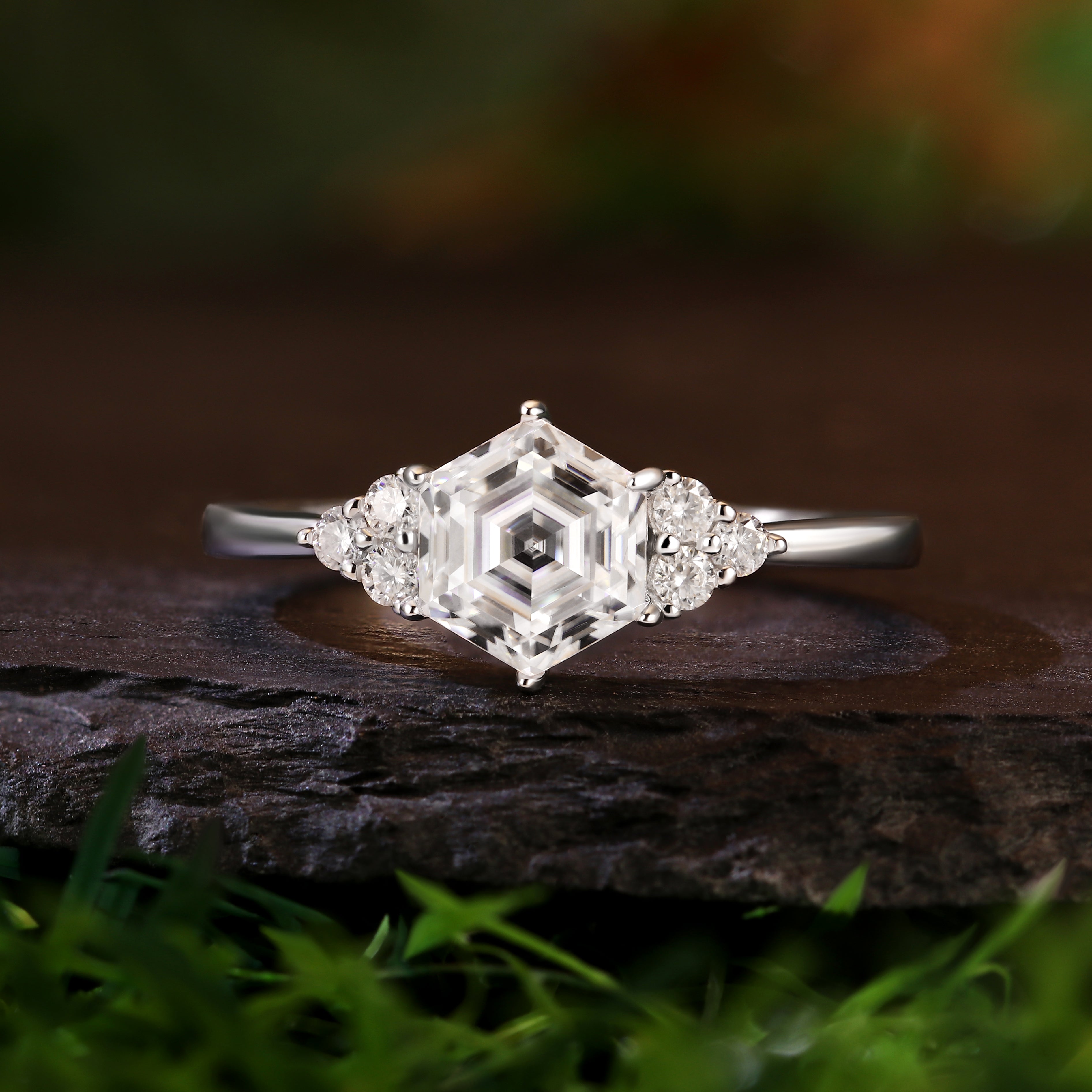 Vintage Unique 1.27ct Hexagon Cut Moissanite Retro Claw 6 Prong Engagement Ring