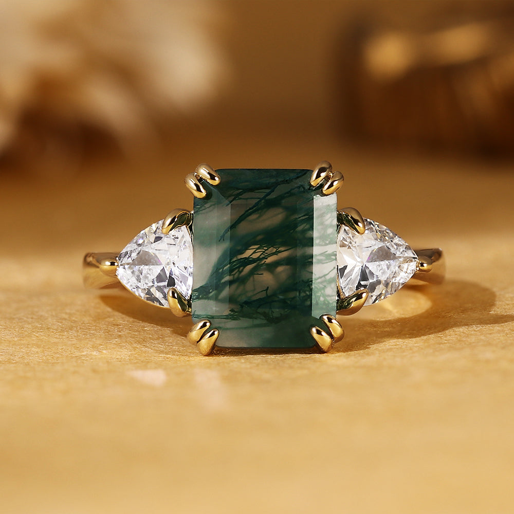 Emerald Cut Moss Agate Three Stone Engagement Ring with Trillion Side Stones