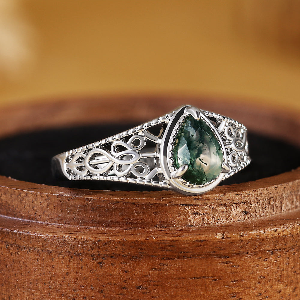 Vintage Pear Cut Moss Agate Filigree Hollow Scrollwork Engagement Ring