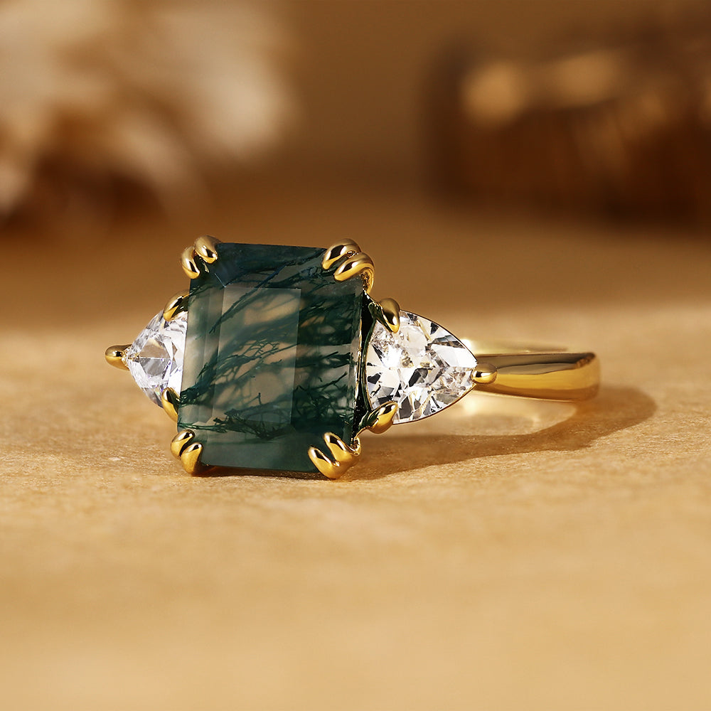 Emerald Cut Moss Agate Three Stone Engagement Ring with Trillion Side Stones