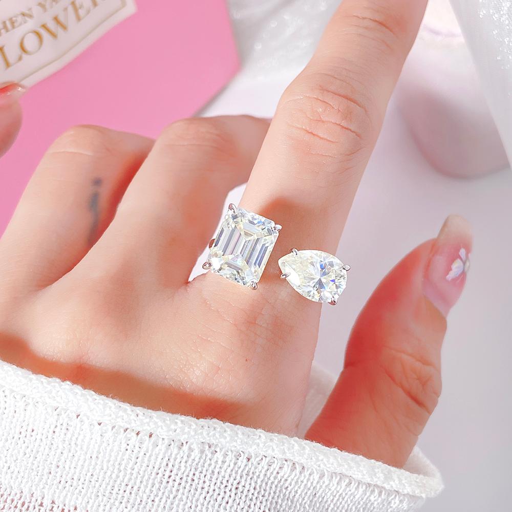 Toi et Moi 3.8 ct Emerald Cut & 1.82 ct Pear Moissanite Engagement Ring