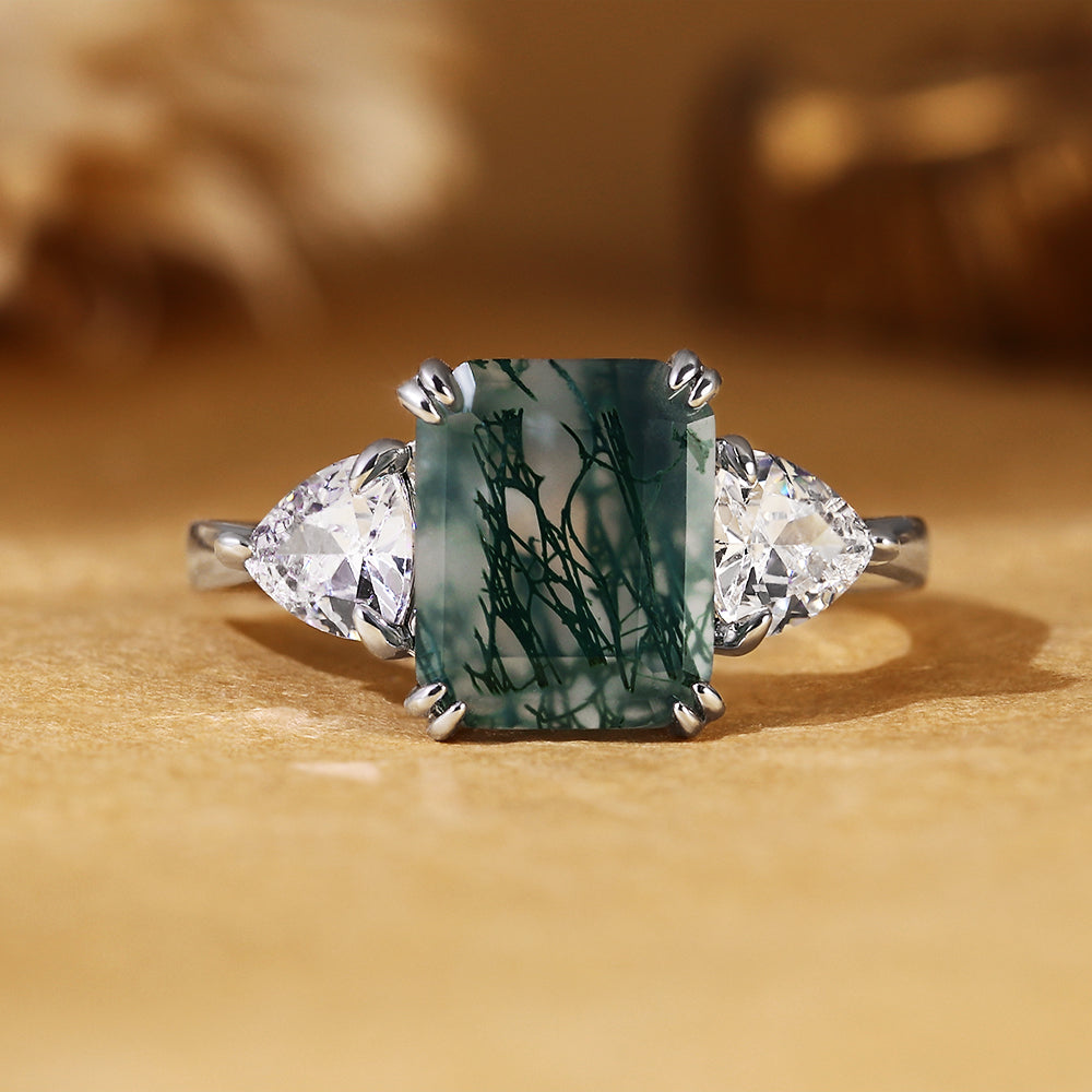 Emerald Cut Moss Agate Three Stone Engagement Ring with Trillion Side Stones