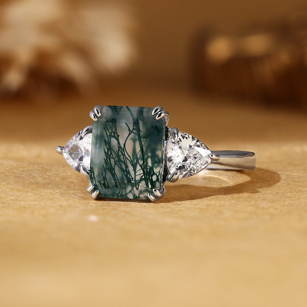Emerald Cut Moss Agate Three Stone Engagement Ring with Trillion Side Stones