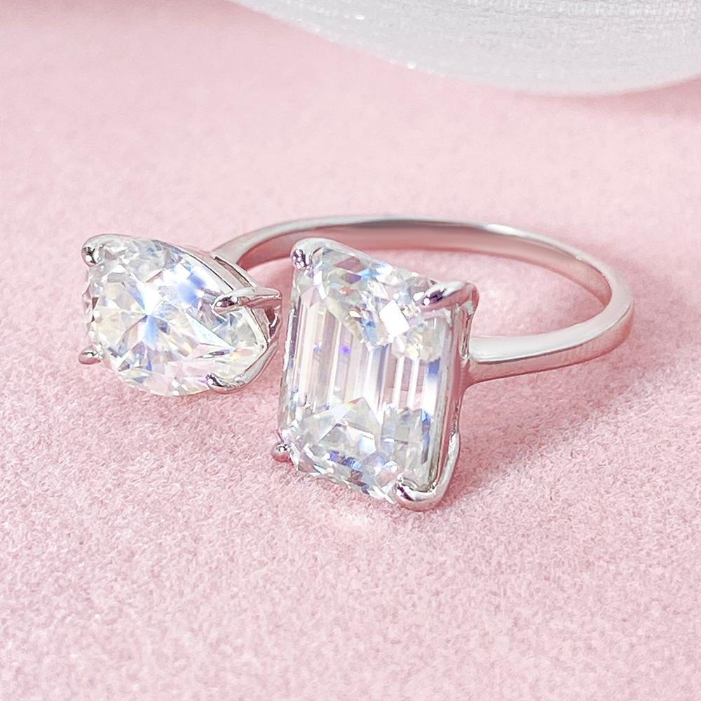 Toi et Moi 3.8 ct Emerald Cut & 1.82 ct Pear Moissanite Engagement Ring