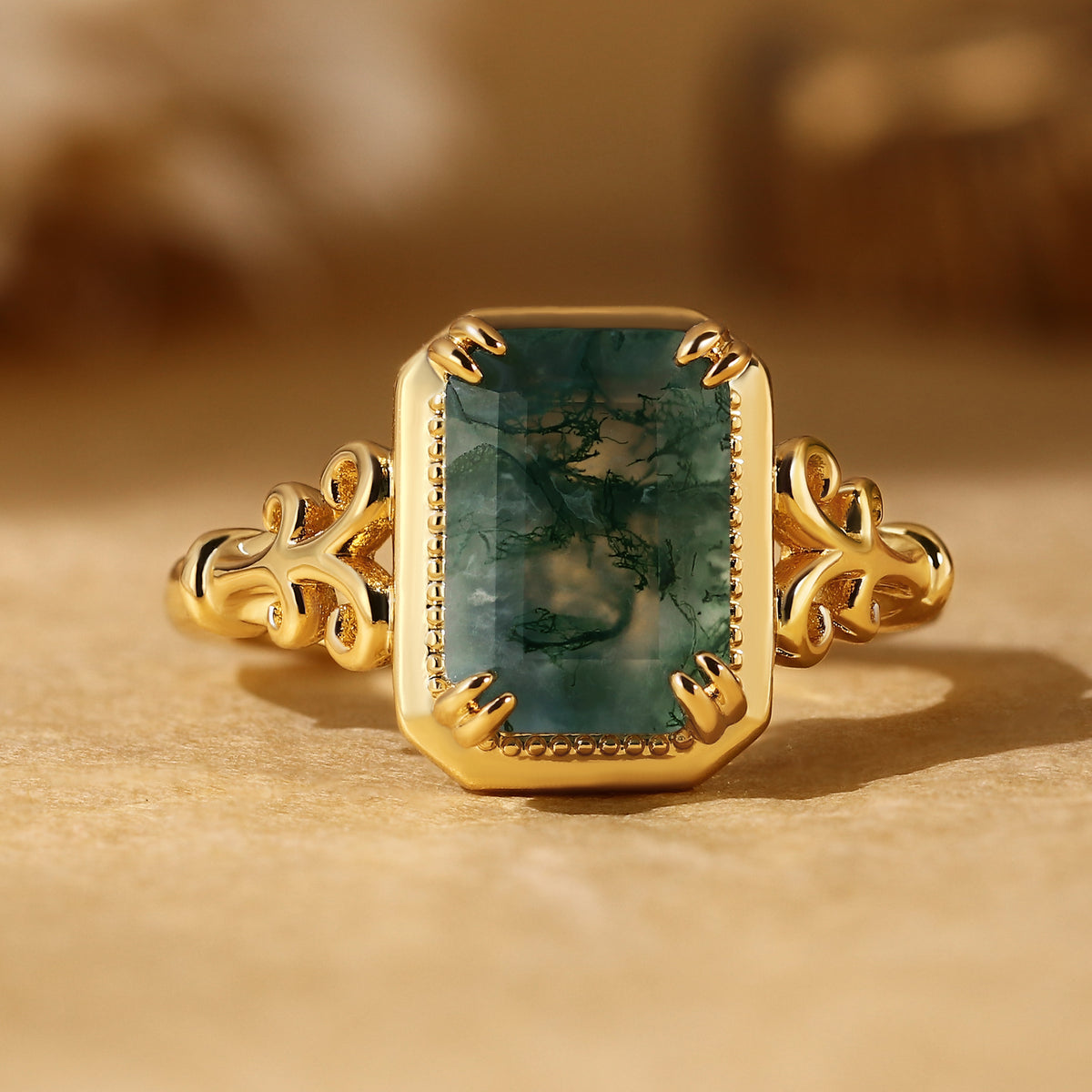 Emerald Cut Moss Agate Art Deco Natural Engagement Ring