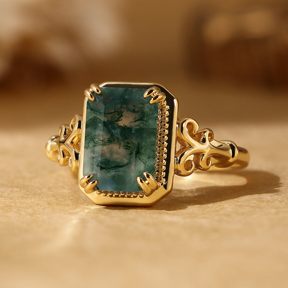 Emerald Cut Moss Agate Art Deco Natural Engagement Ring