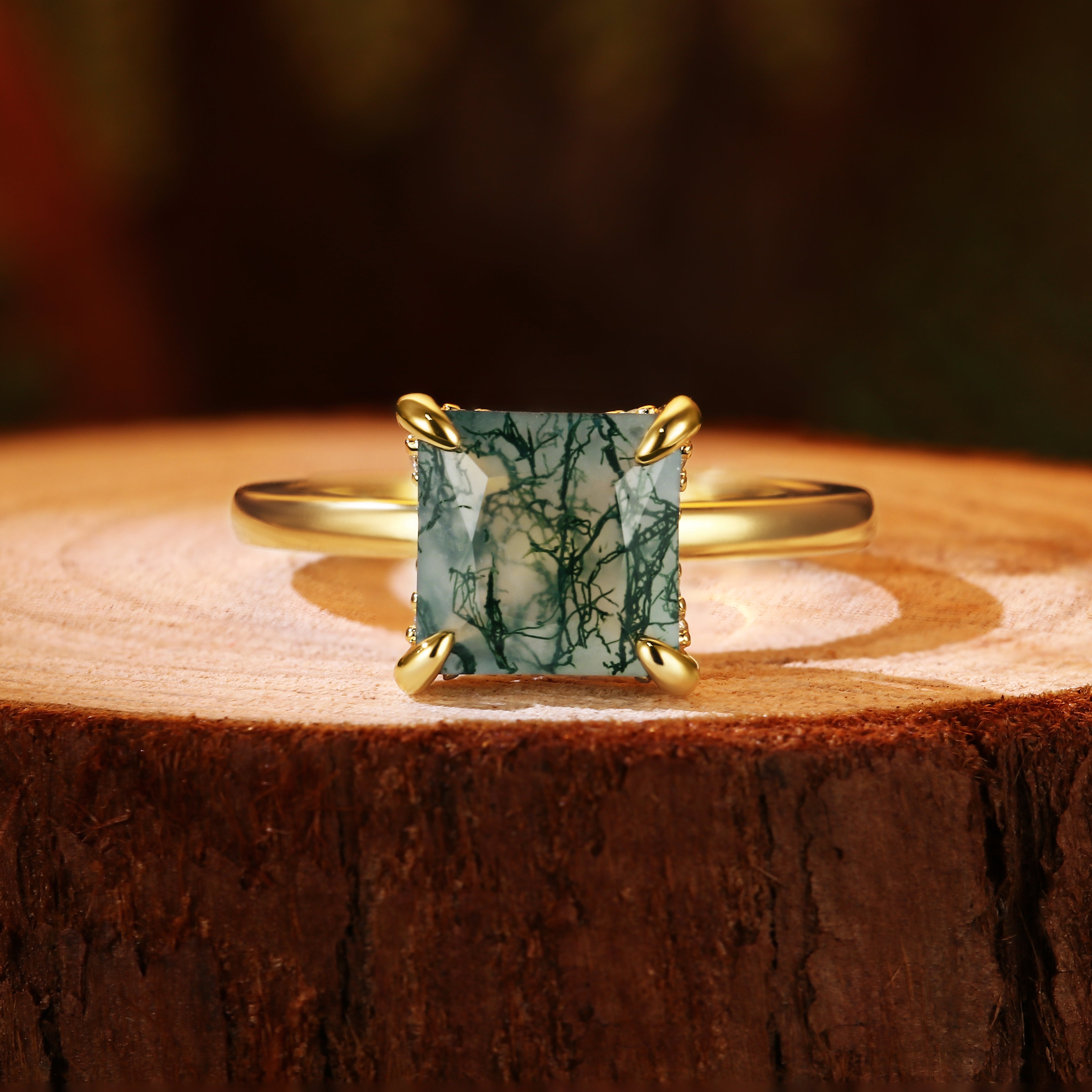 Nature Inspired 8x8mm Princess Cut Moss Agate Hidden Halo Engagement Ring