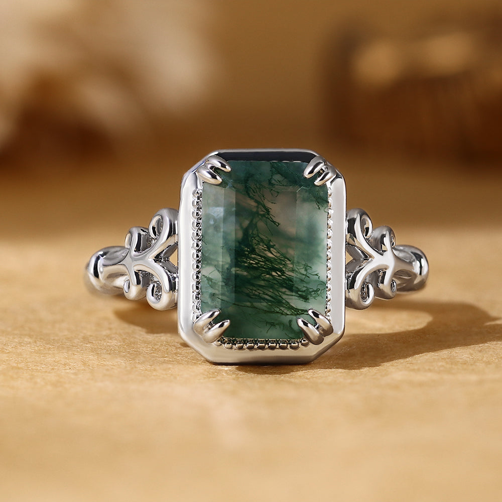Emerald Cut Moss Agate Art Deco Natural Engagement Ring