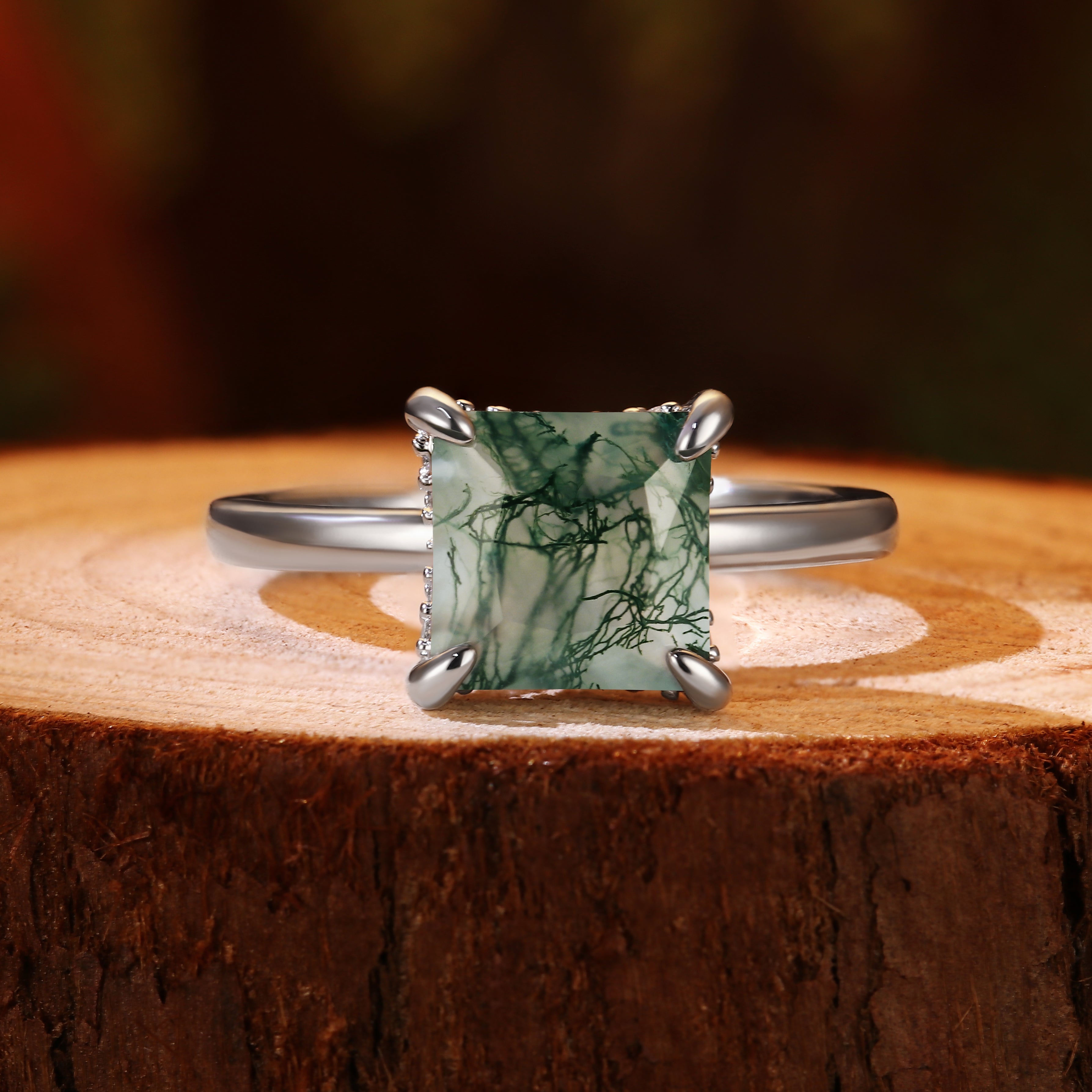 Nature Inspired 8x8mm Princess Cut Moss Agate Hidden Halo Engagement Ring