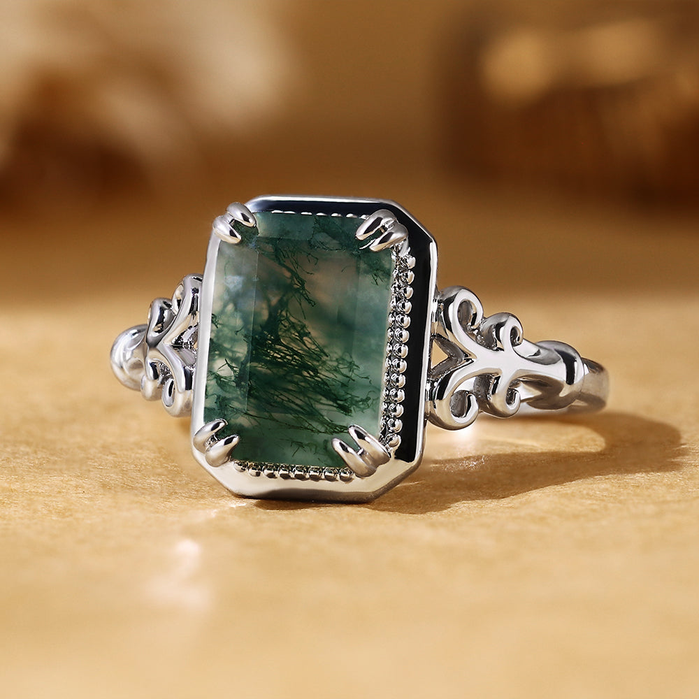 Emerald Cut Moss Agate Art Deco Natural Engagement Ring