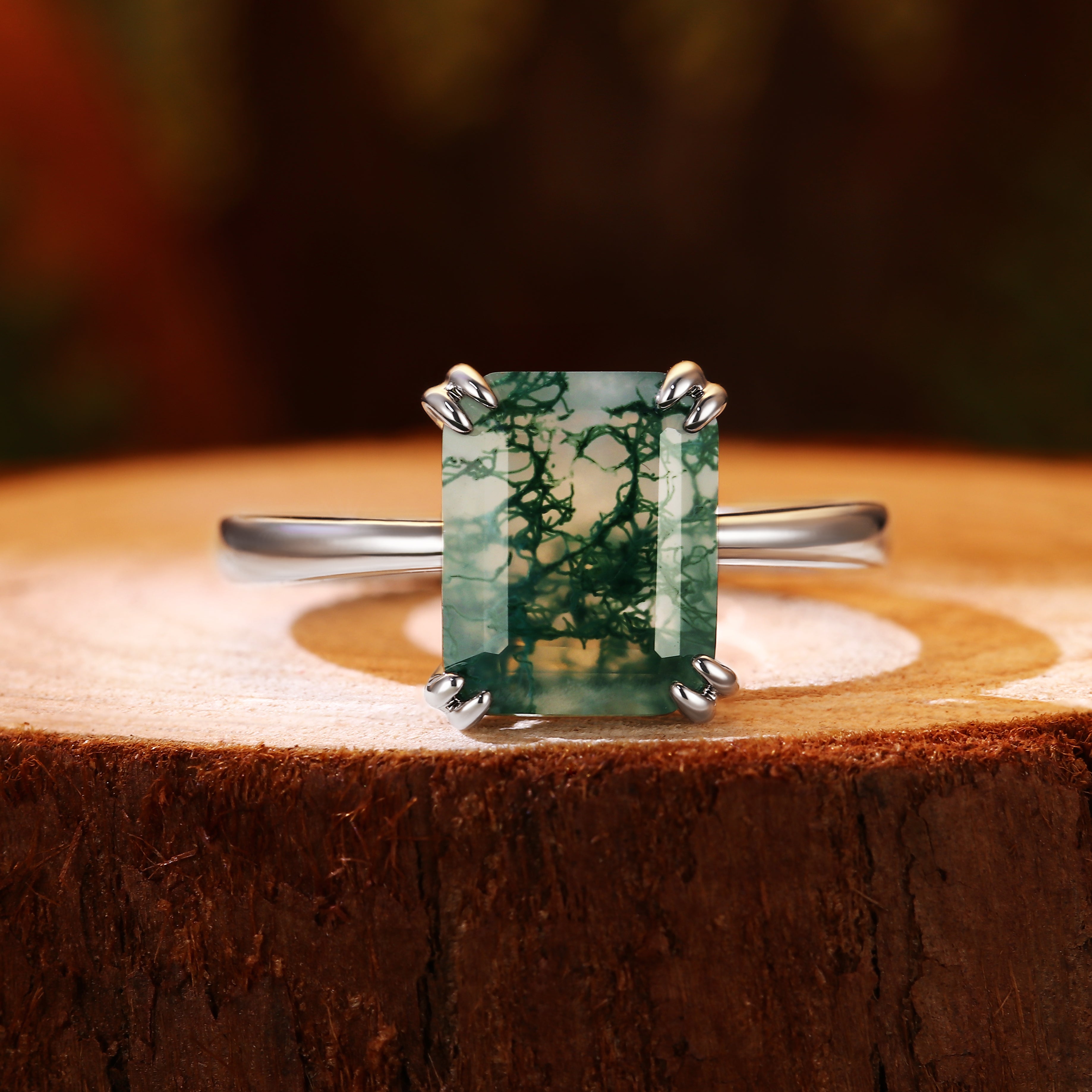 8x10mm Emerald Cut Moss Agate Unique Nature Inspired Branch Prongs Engagement Ring