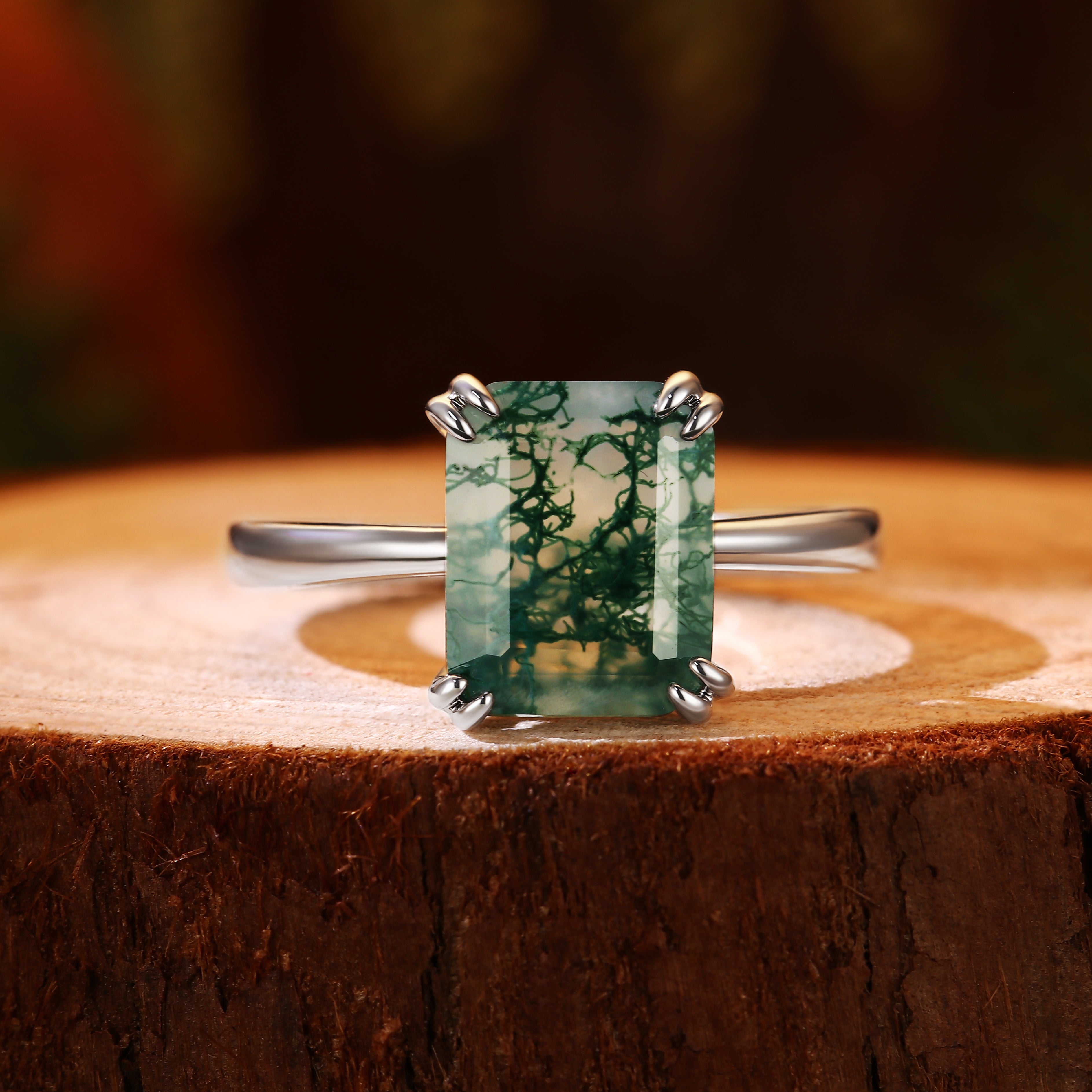 8x10mm Emerald Cut Moss Agate Unique Nature Inspired Branch Prongs Engagement Ring