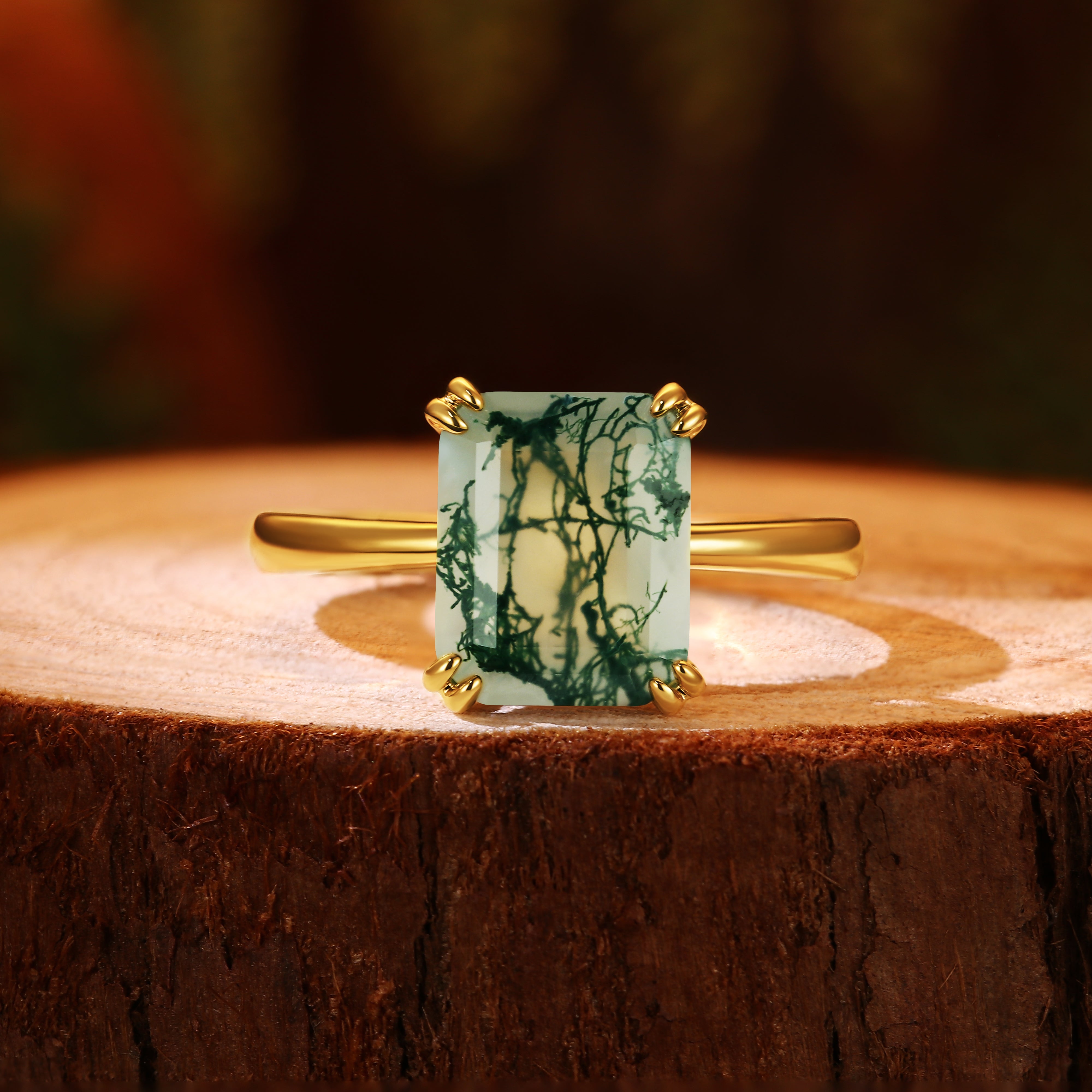 8x10mm Emerald Cut Moss Agate Unique Nature Inspired Branch Prongs Engagement Ring