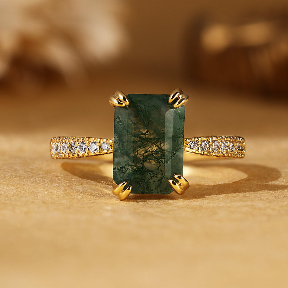 Vintage Inspired Natural Emerald Cut Moss Agate Accent Engagement Ring