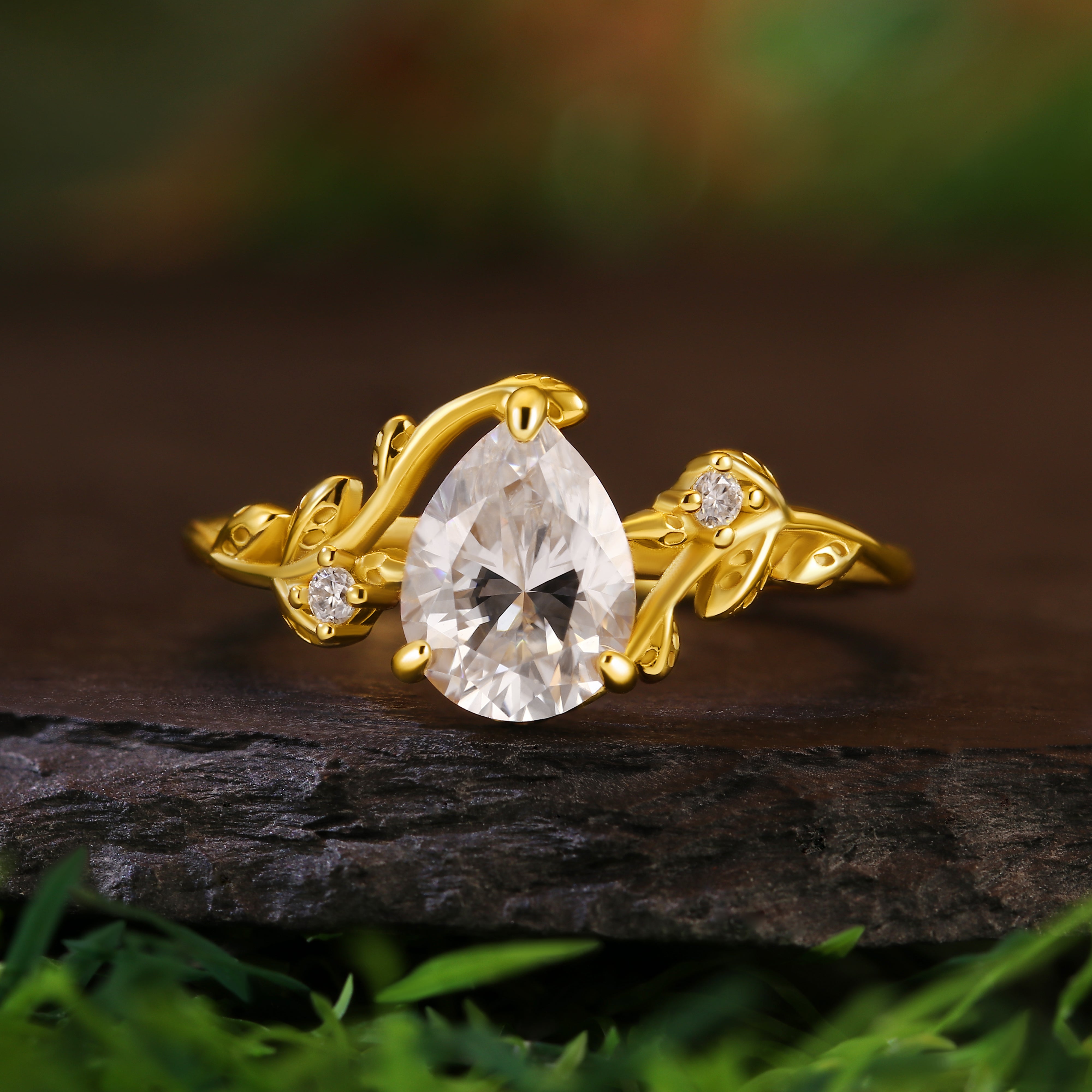 1.36CT Pear Cut Moissanite Leaf Leaves Twig Nature Inspired Twisted Engagement Ring