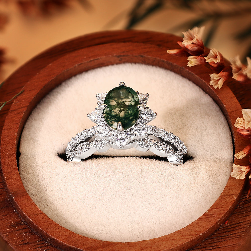 2PCS Oval Moss Agate Bridal Ring Set, Art Deco Starburst Halo Ring, Moissanite Wedding Band