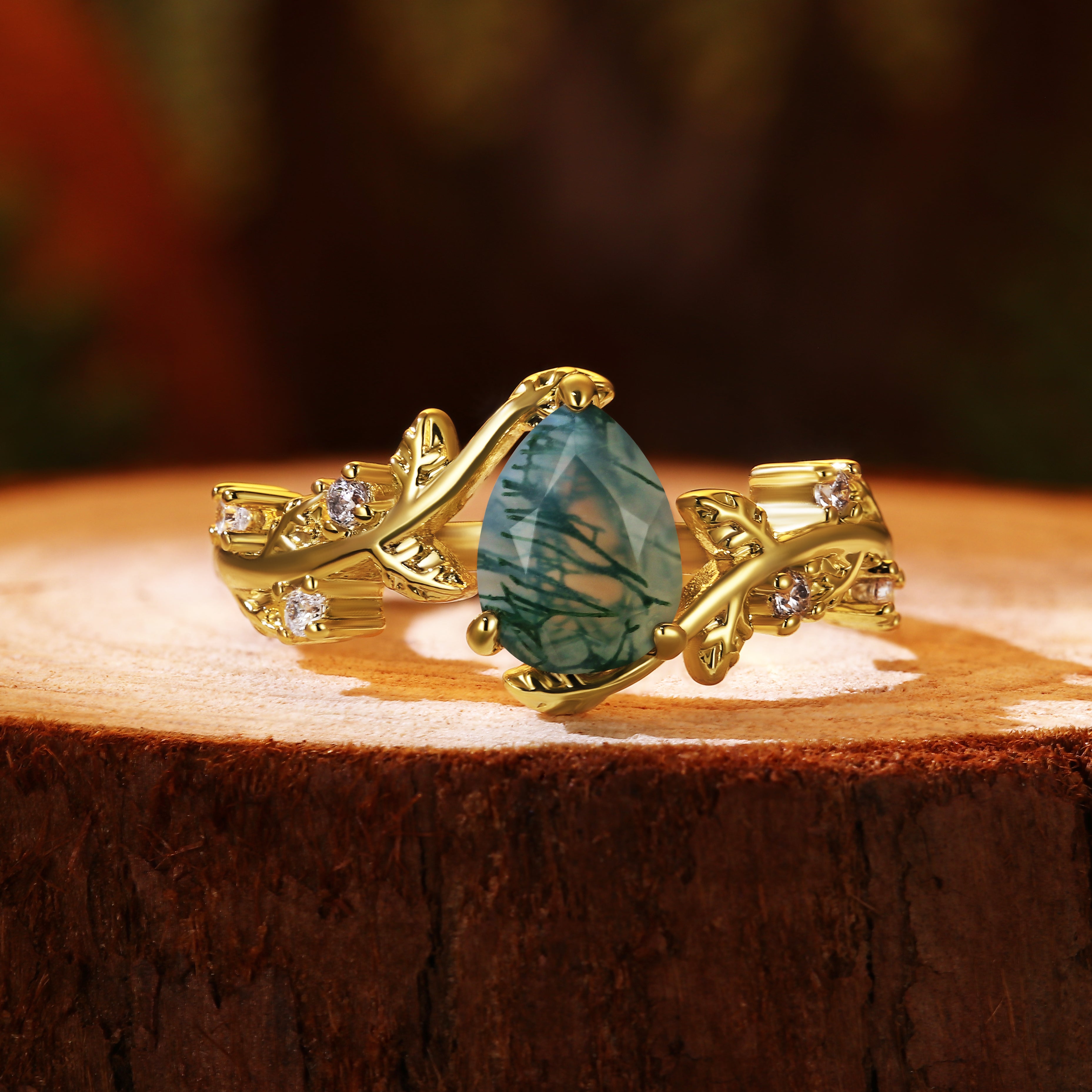 Nature Inspired Unique Forest Leaf 6x8mm Pear Cut Moss Agate Engagement Ring