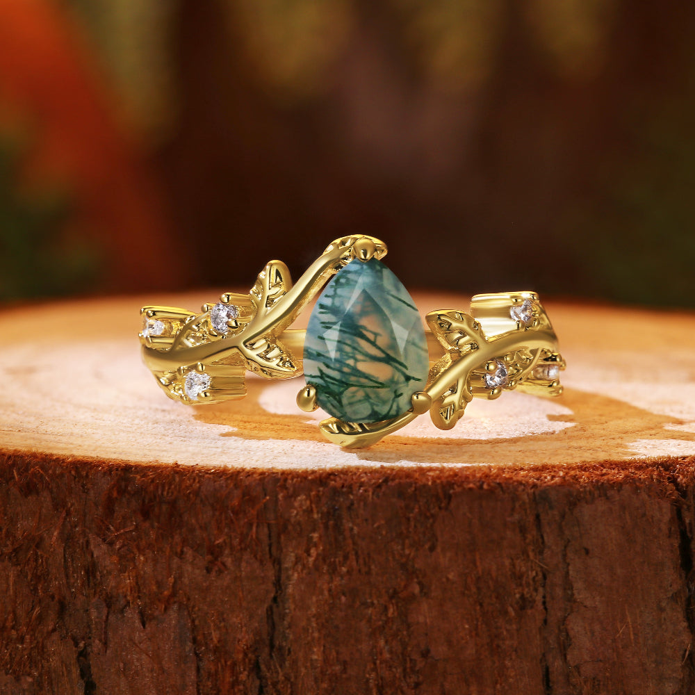 Nature Inspired Unique Forest Leaf 6x8mm Pear Cut Moss Agate Engagement Ring