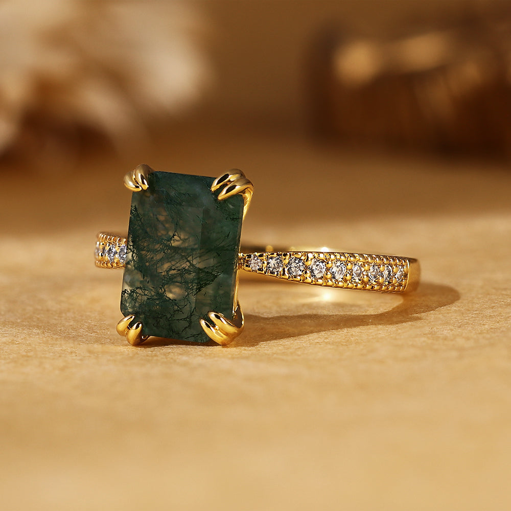 Vintage Inspired Natural Emerald Cut Moss Agate Accent Engagement Ring