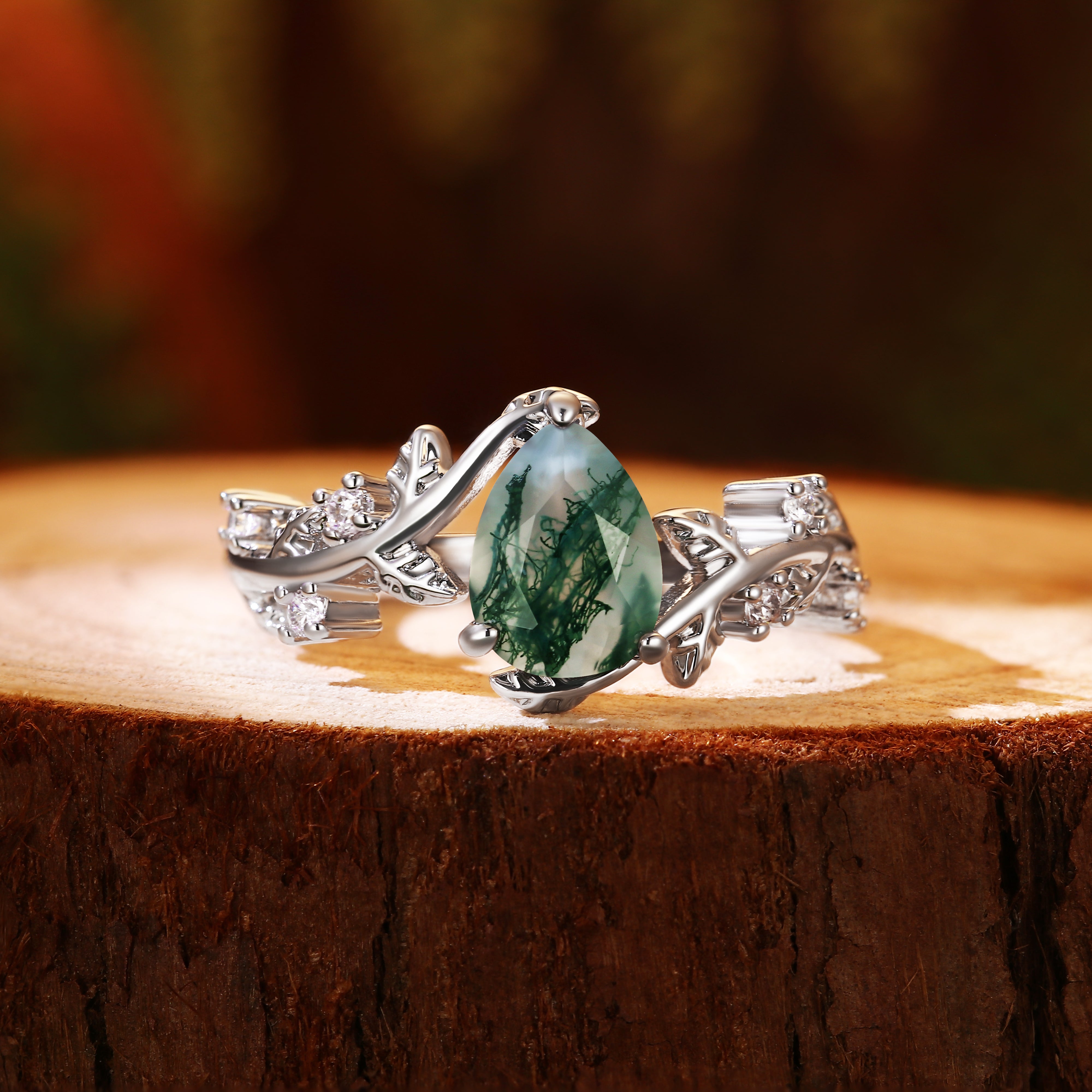 Nature Inspired Unique Forest Leaf 6x8mm Pear Cut Moss Agate Engagement Ring