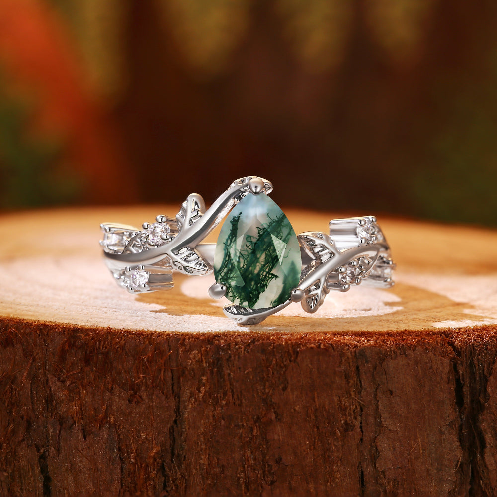 Nature Inspired Unique Forest Leaf 6x8mm Pear Cut Moss Agate Engagement Ring