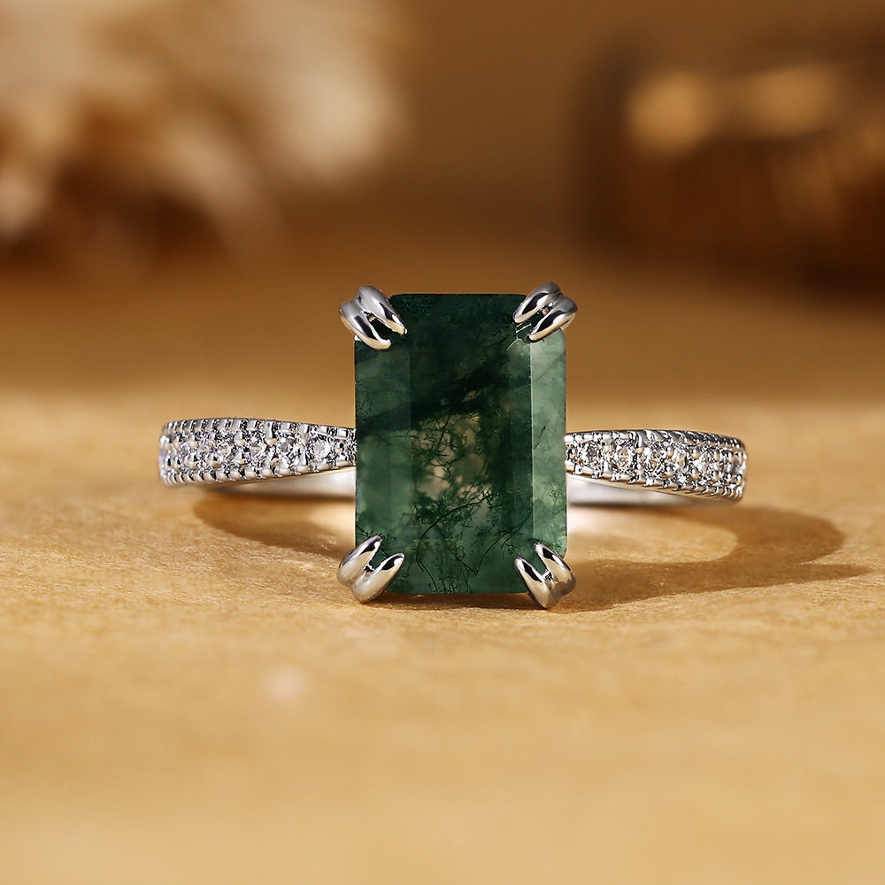Vintage Inspired Natural Emerald Cut Moss Agate Accent Engagement Ring
