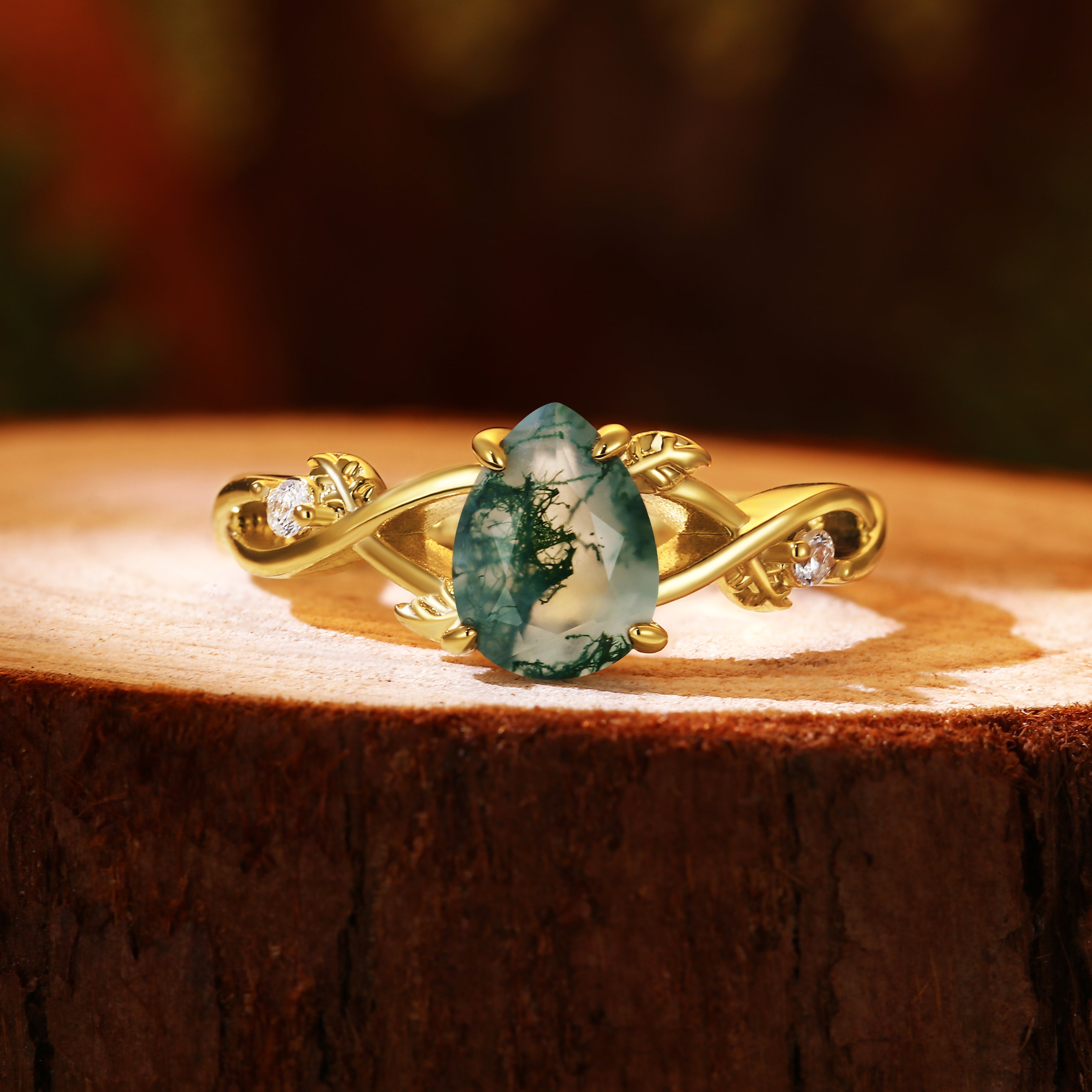 Vintage Forest 6x8mm Pear Cut Moss Agate Leaf Vine Engagement Ring