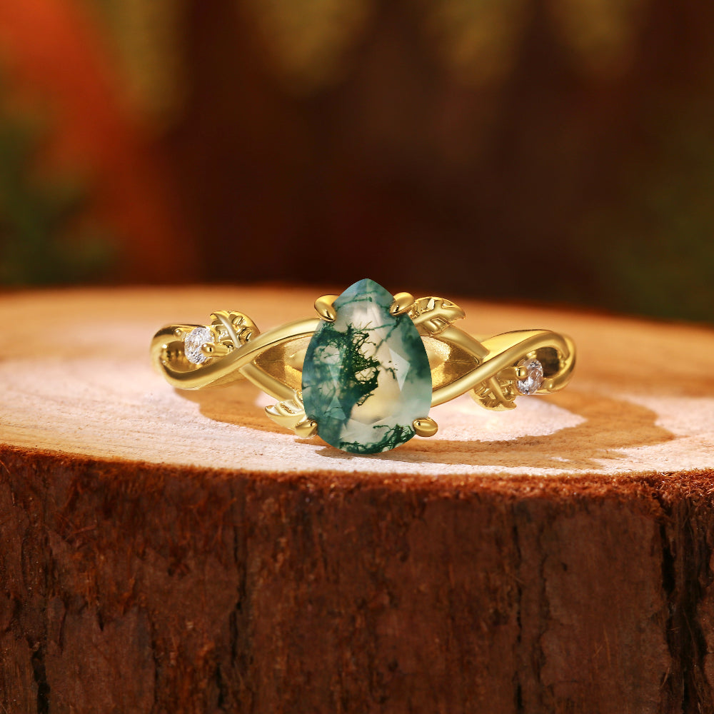 Vintage Forest 6x8mm Pear Cut Moss Agate Leaf Vine Engagement Ring