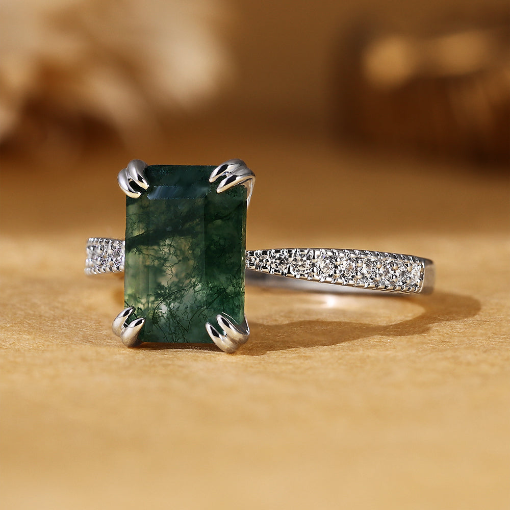 Vintage Inspired Natural Emerald Cut Moss Agate Accent Engagement Ring