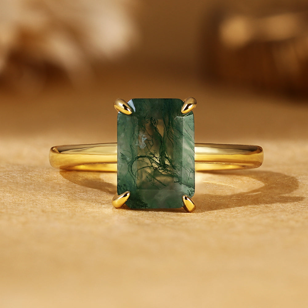 Natural Emerald Cut Moss Agate Solitaire Engagement Ring