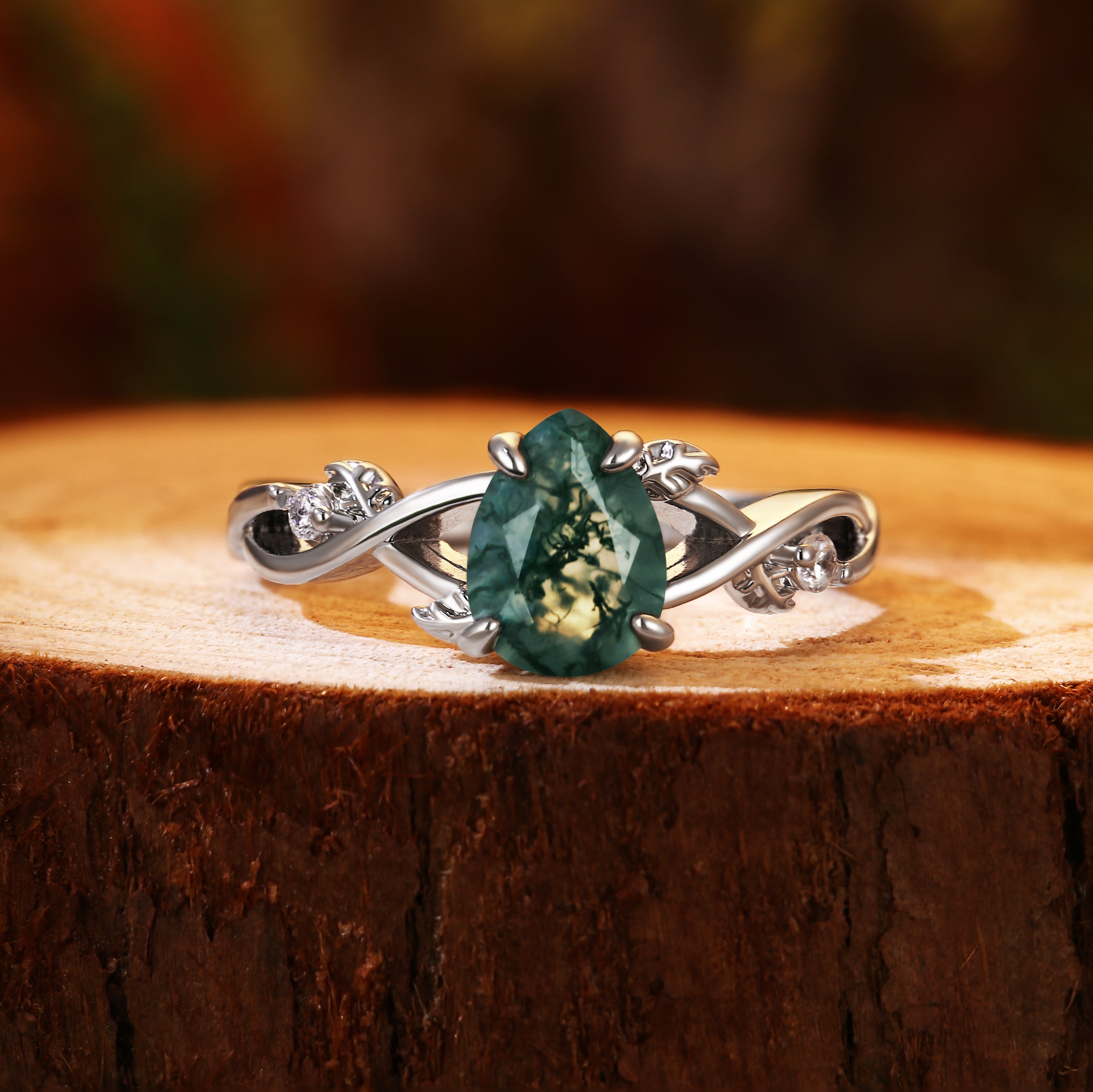 Vintage Forest 6x8mm Pear Cut Moss Agate Leaf Vine Engagement Ring