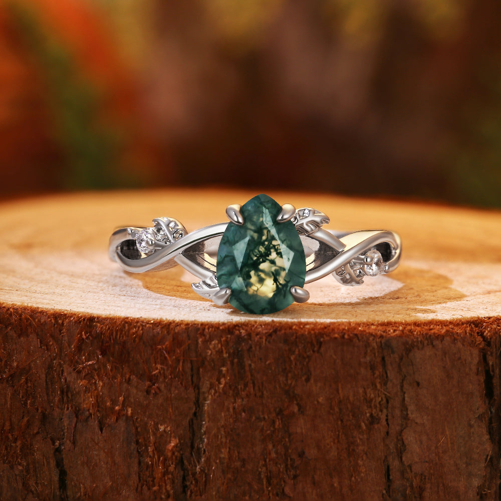 Vintage Forest 6x8mm Pear Cut Moss Agate Leaf Vine Engagement Ring