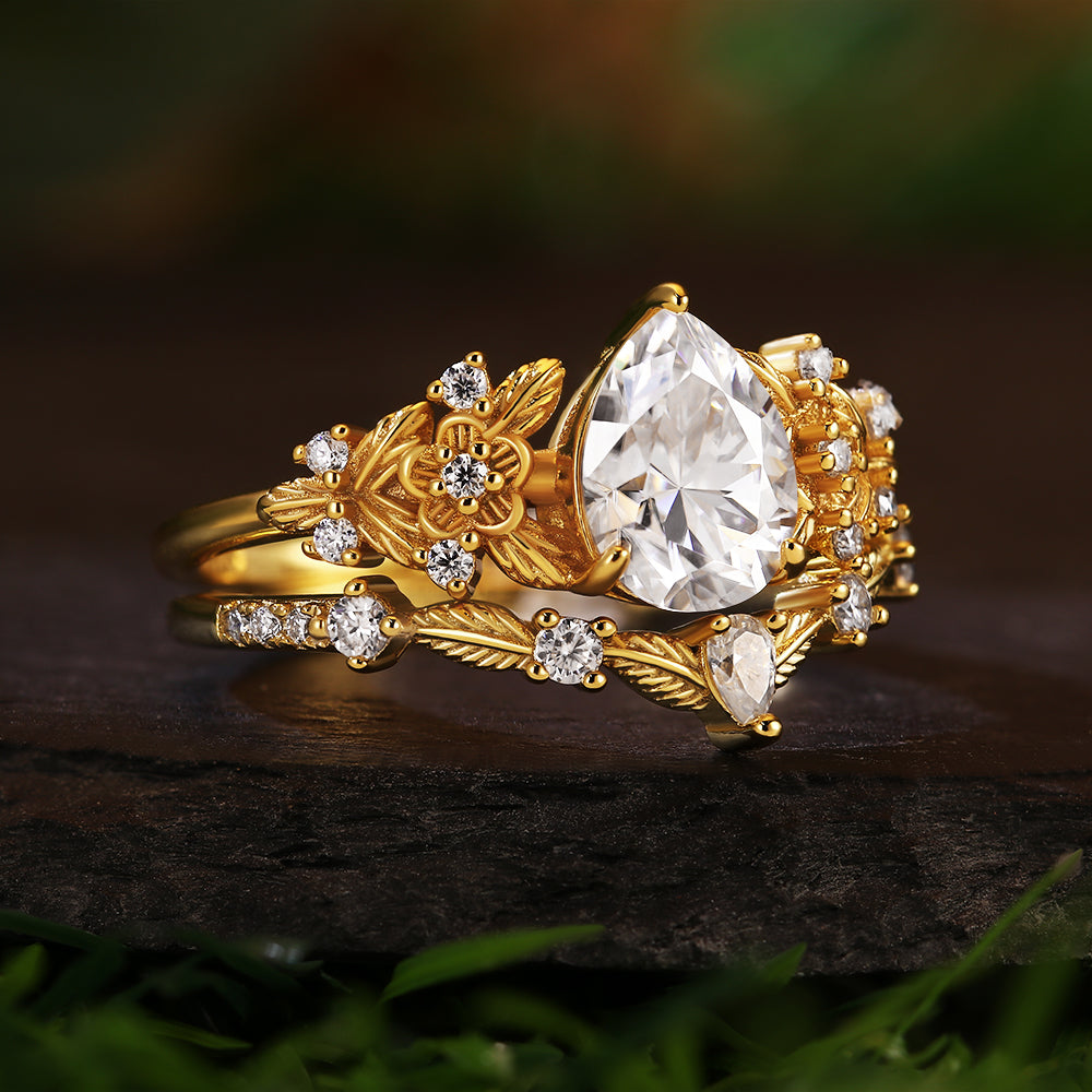 1.89ct Pear Moissanite Floral Bridal Ring Set, Nature Inspired Leaf Design