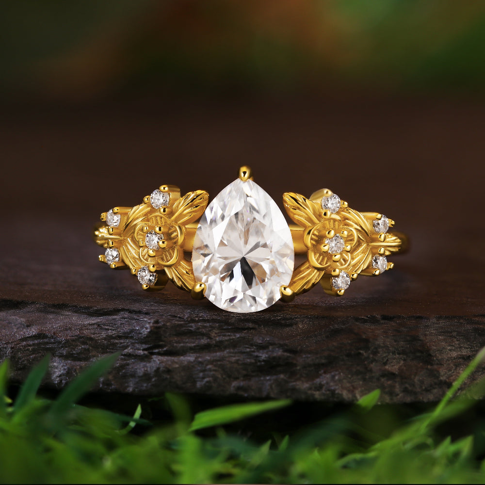 1.41ct Pear Cut Moissanite Engagement Ring, Nature Inspired Leaf & Vine Design