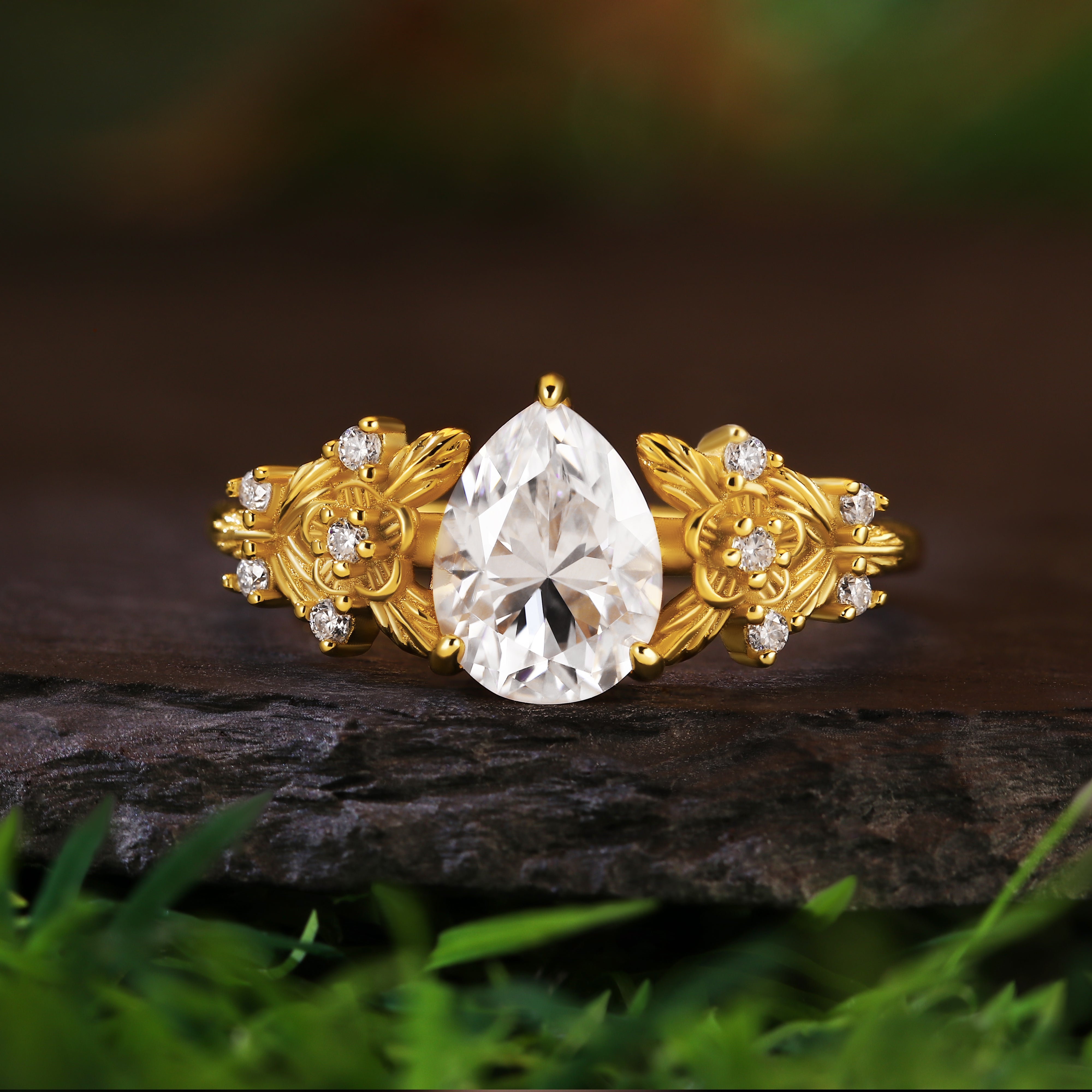 1.41ct Pear Cut Moissanite Engagement Ring, Nature Inspired Leaf & Vine Design