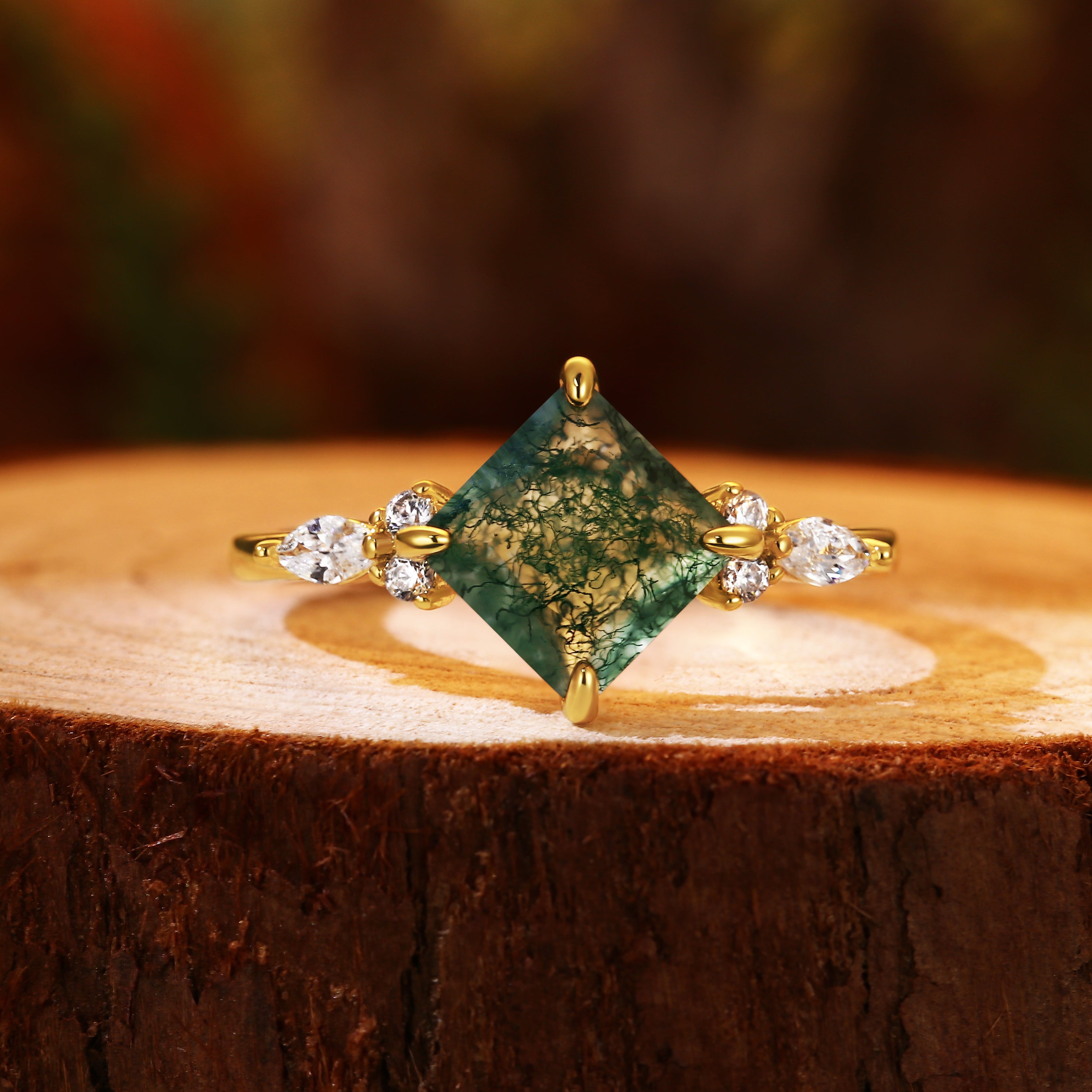 Nature Inspired 7x7mm Princess Cut Agate Engagement Ring