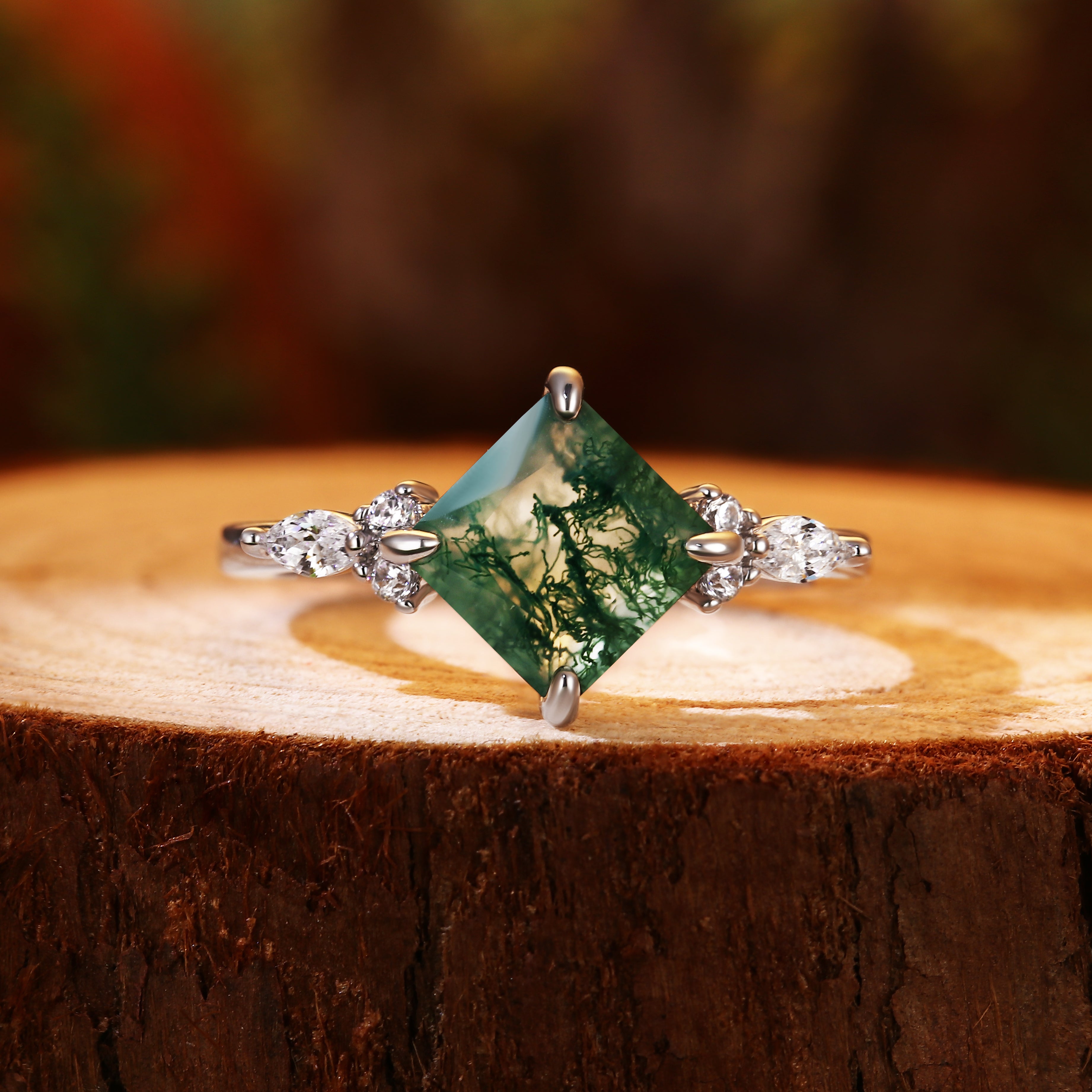 Nature Inspired 7x7mm Princess Cut Agate Engagement Ring