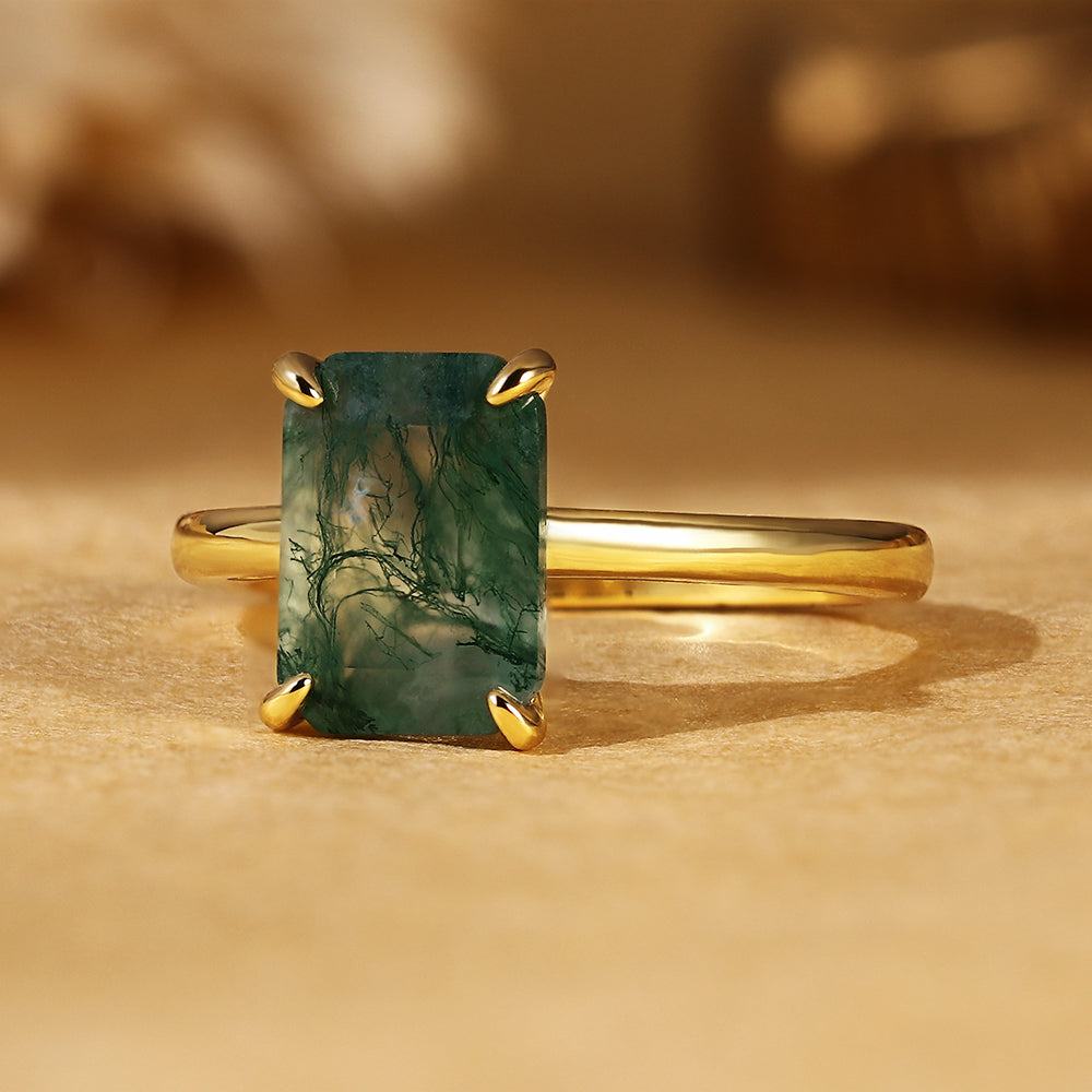 Natural Emerald Cut Moss Agate Solitaire Engagement Ring