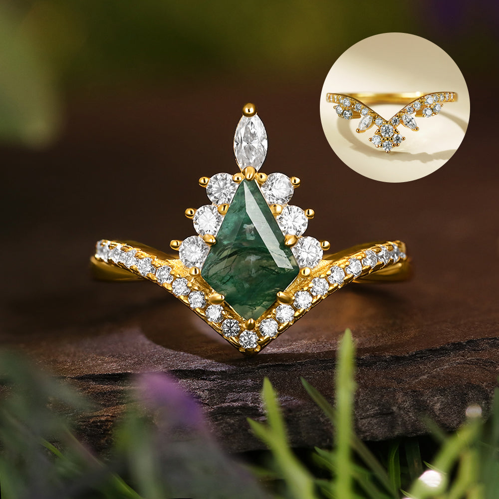 [Buy 1 Get 1 Free]6*9mm Kite Cut Moss Agate Halo Unique Engagement Ring Art Deco Curved Twisted Wedding Ring  Bridal Set